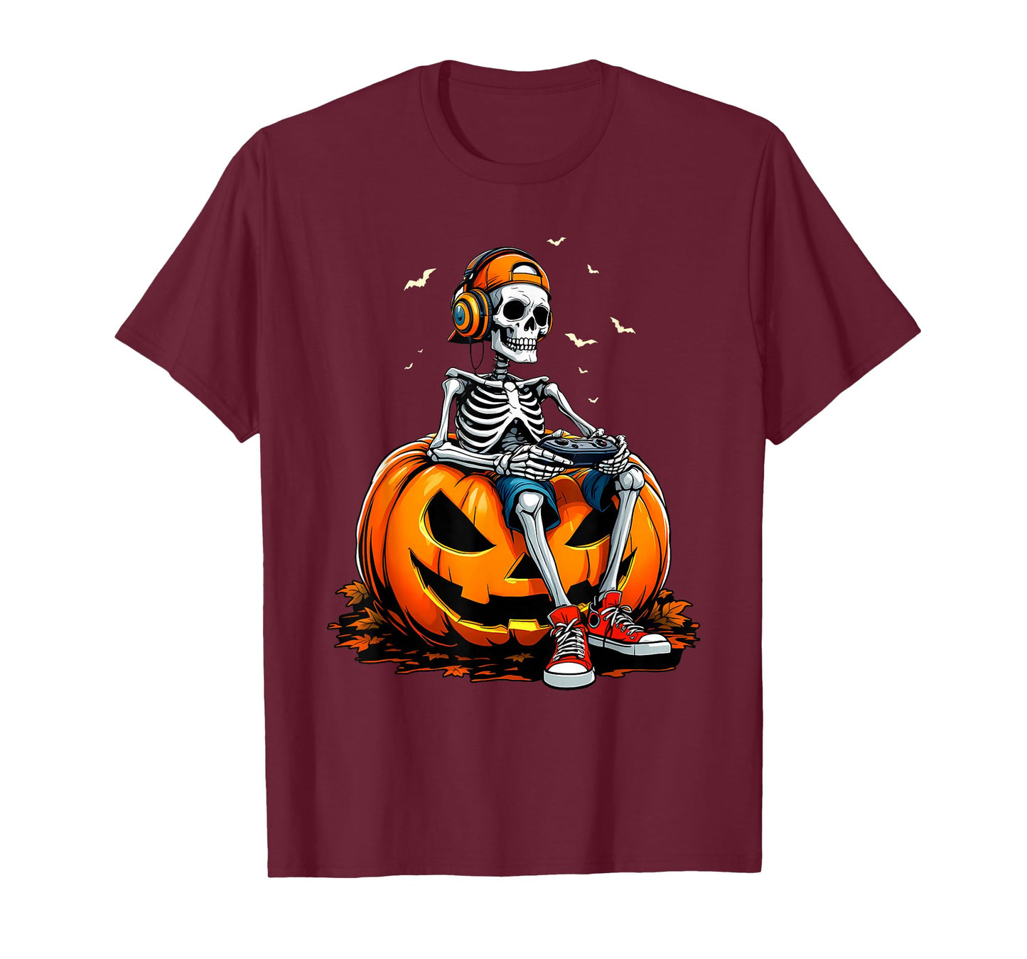 Spooky Pumpkin & Skeleton Gamer Tee | Boys & Kids Halloween T-Shirt