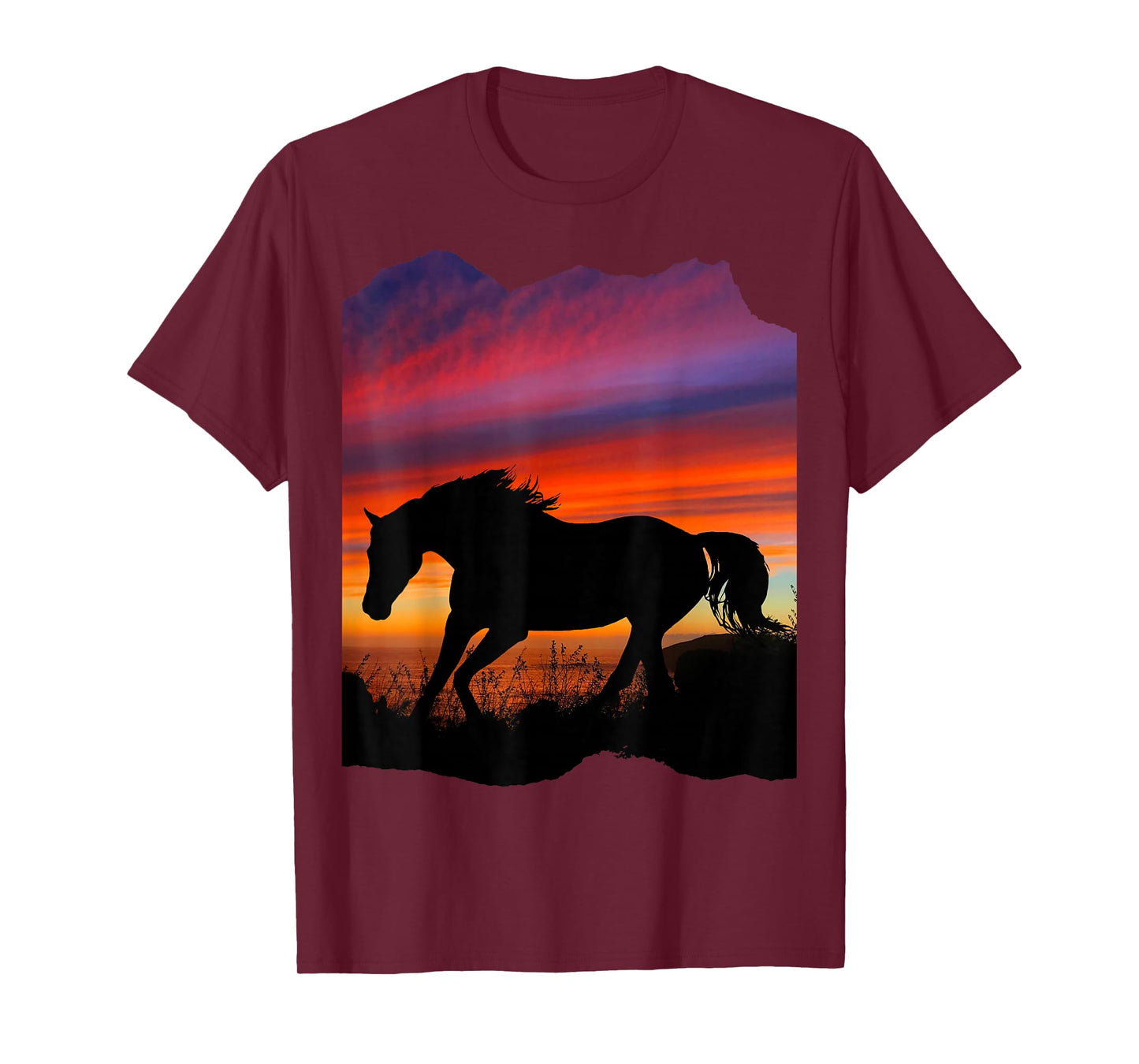 Beautiful Arabian horse sunset silhouette orange purple blue T-Shirt