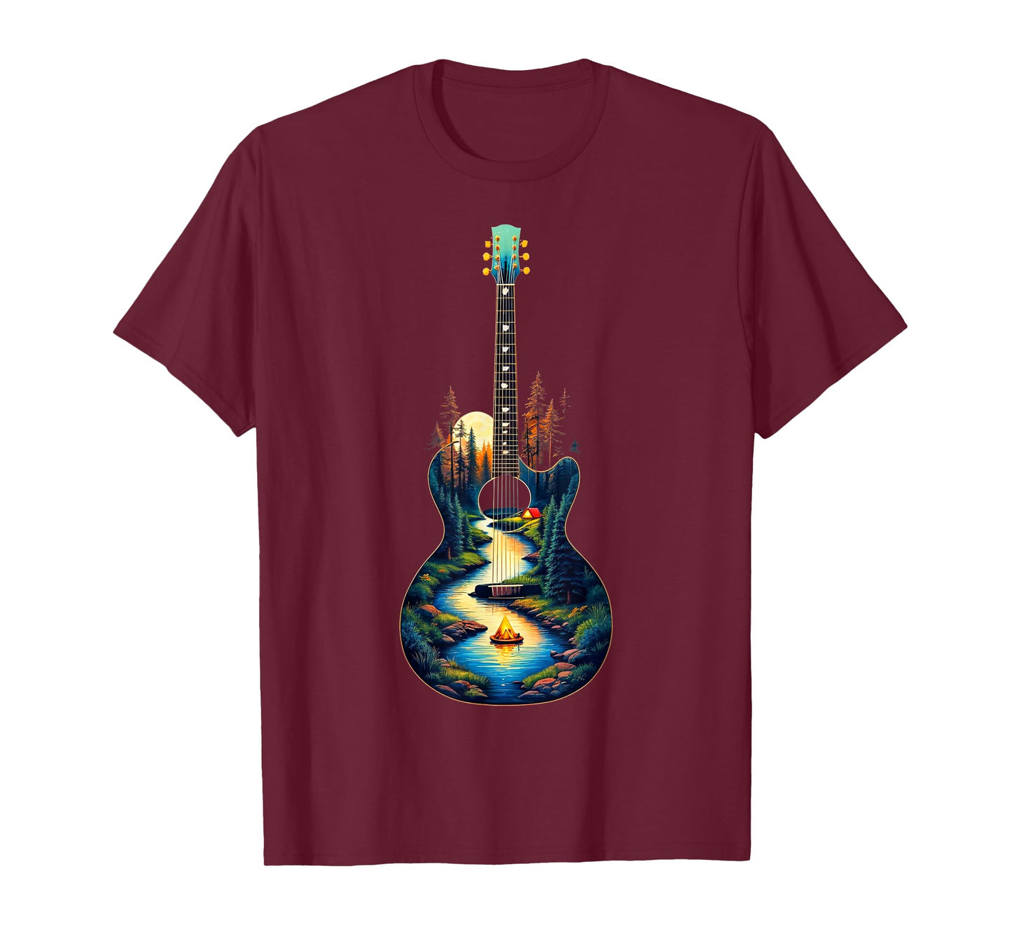 Guitar Lake Reflections Forest Pine Tree Moon Camp Guitarist T-Shirt