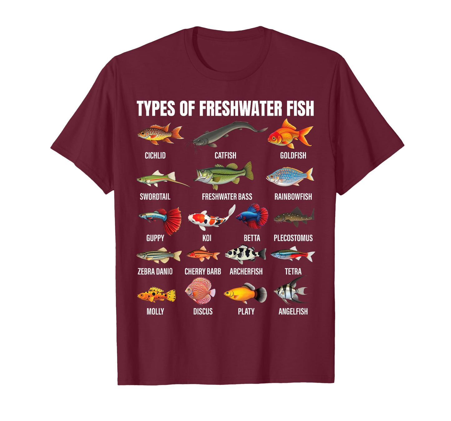 Types of freshwater fish Species Chart Aquarium River Lovers T-Shirt