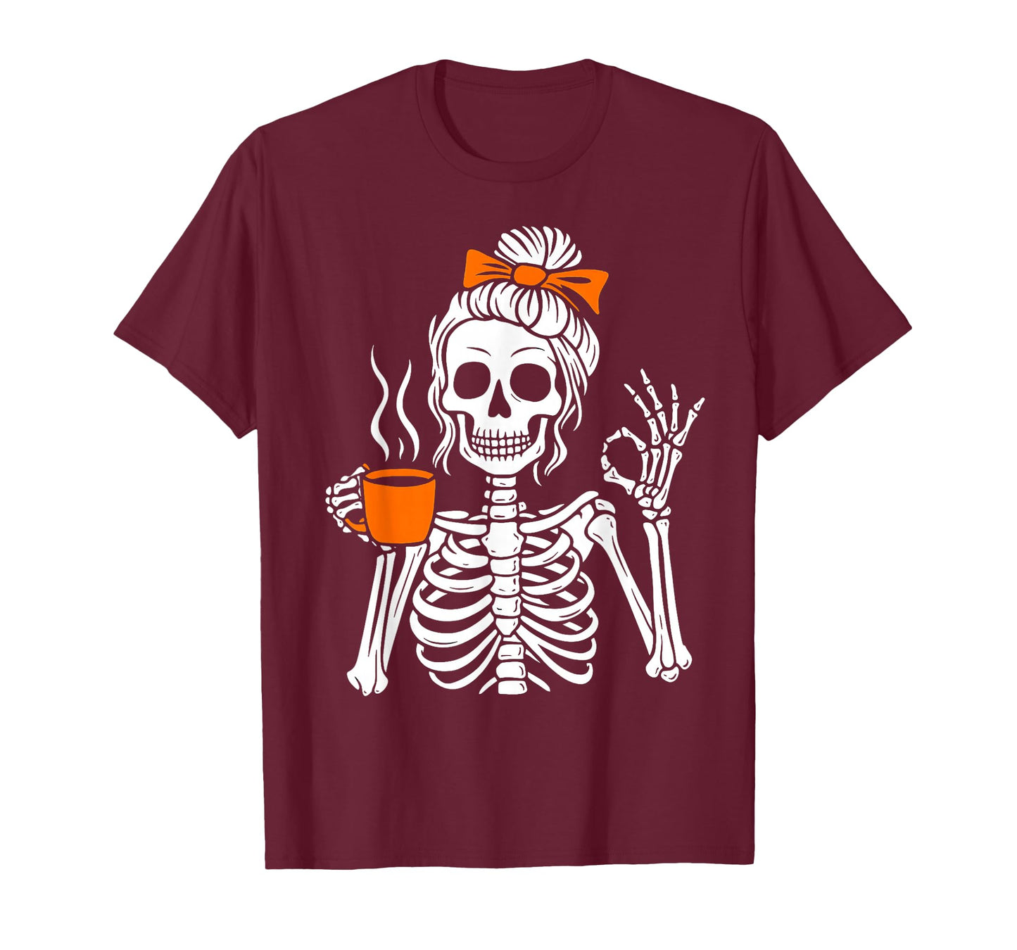 Halloween Skeleton Messy Bun Coffee Funny Spooky Costume T-Shirt