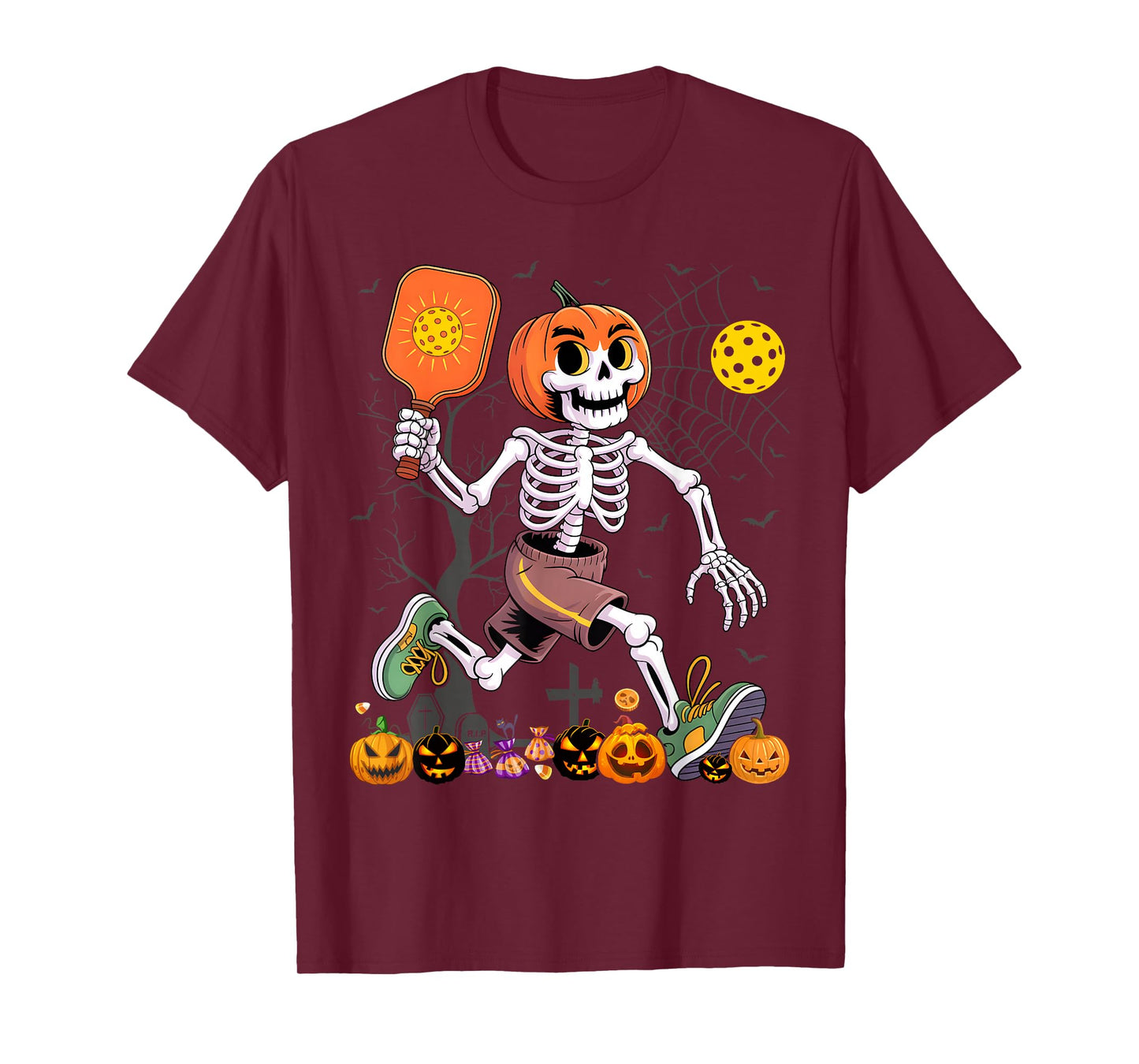 Pumpkin Head Skeleton Pickleball Halloween Spooky Sports T-Shirt