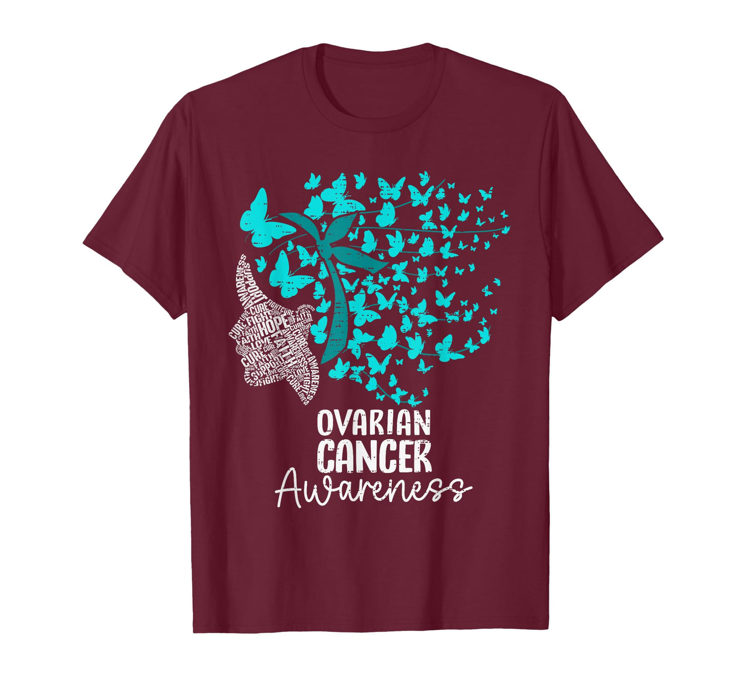 Ovarian Cancer Awareness Butterfly Hair Ribbon Teal Womens T-Shirt