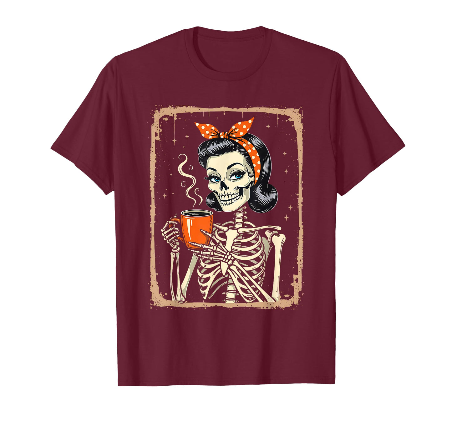 Vintage Skeleton Drinking Coffee Halloween Women T-Shirt