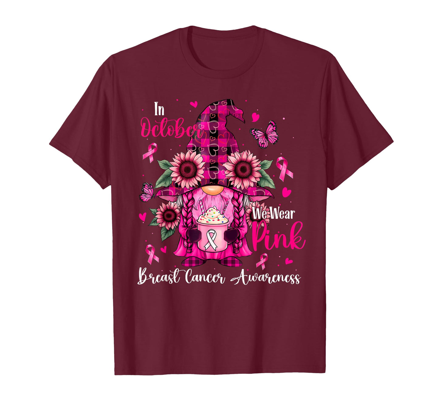 In October We Wear Pink Breast Cancer Awareness Gnome Floral T-Shirt