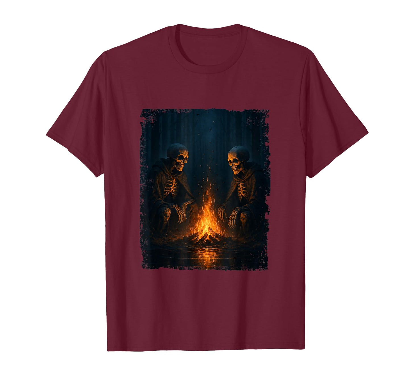 Skeletons by Fire Camping Forest Halloween Art Mens Womens T-Shirt