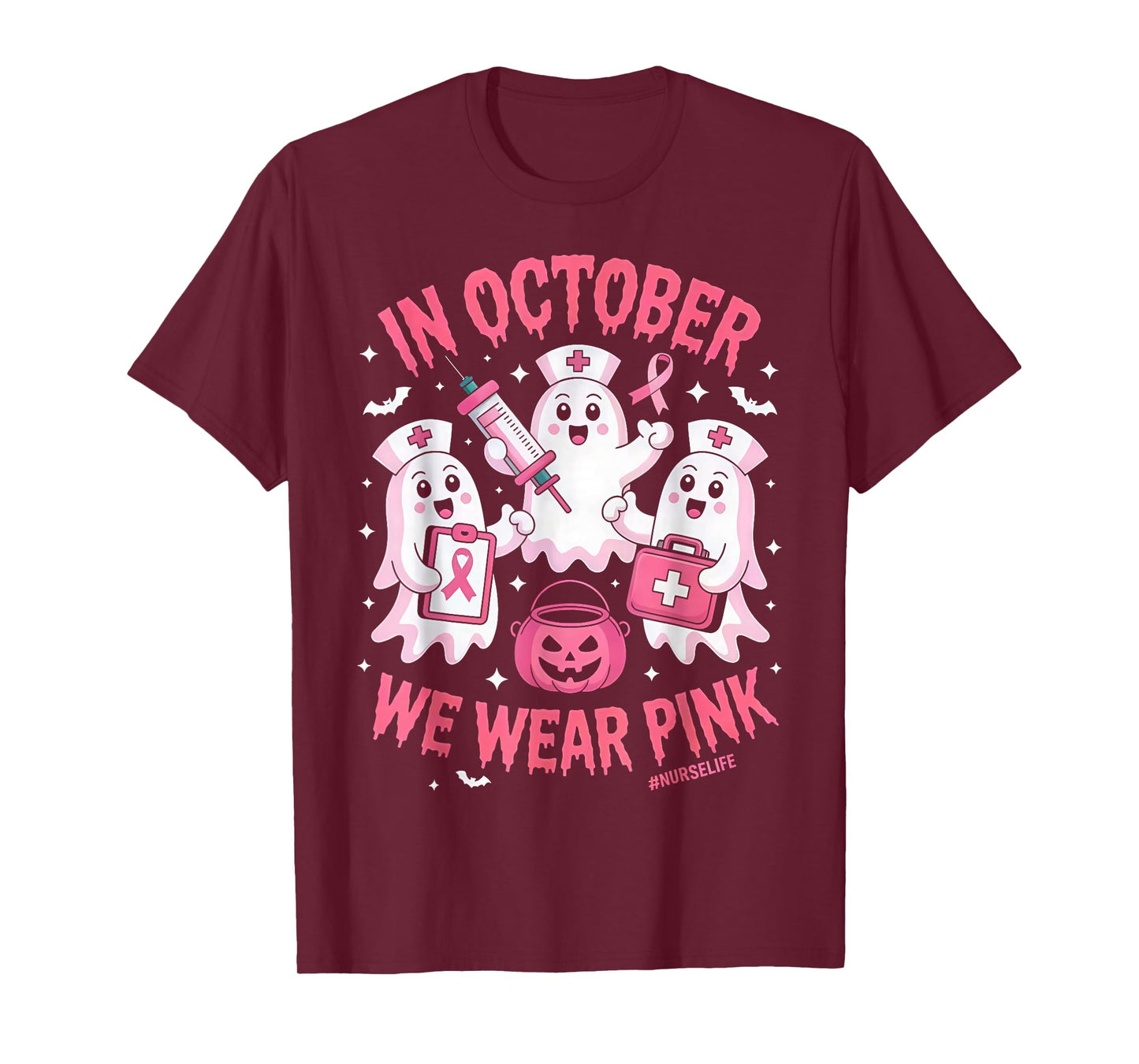 in October We Wear Pink Nurse Ghost Halloween Breast Cancer T-Shirt