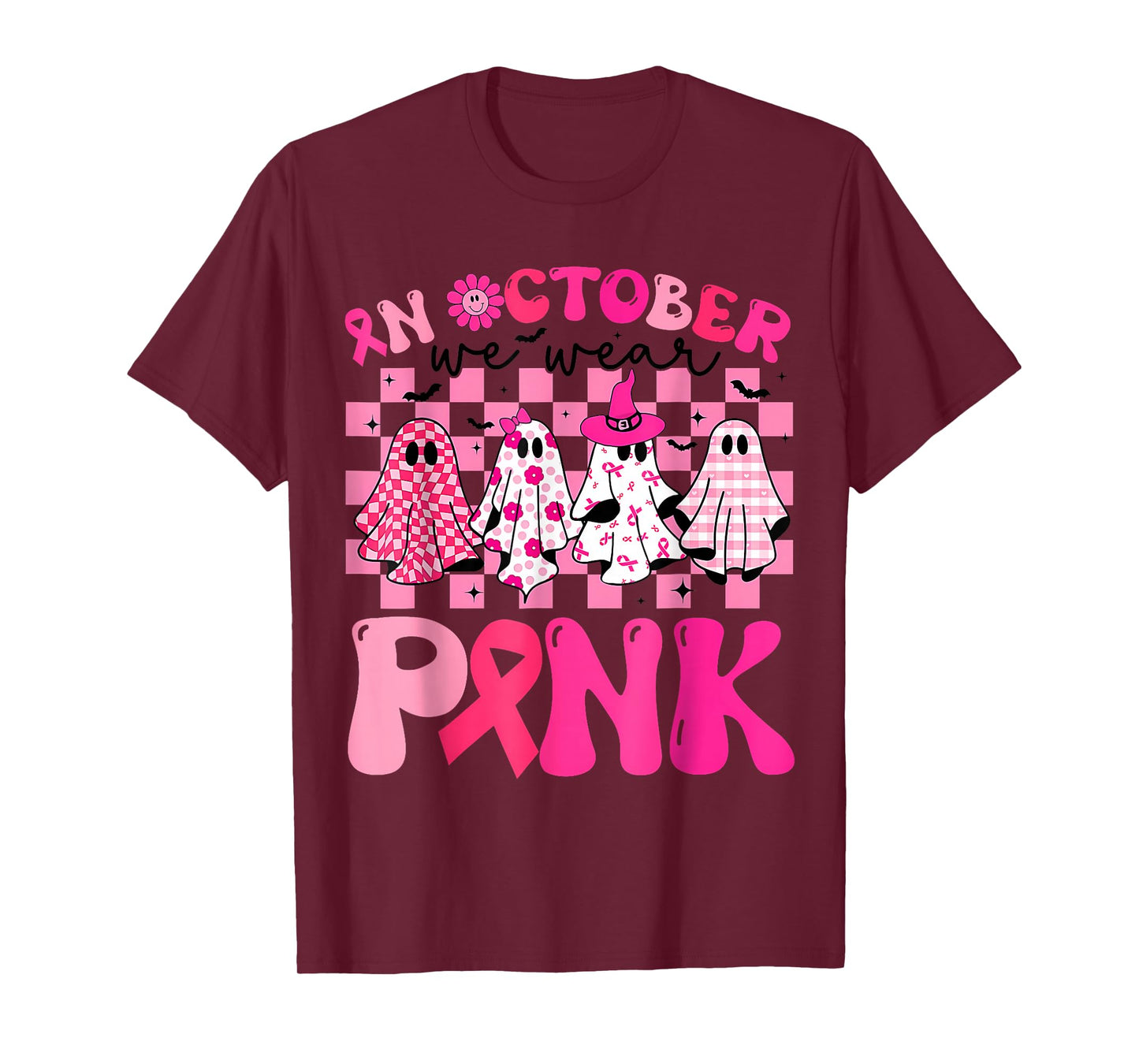 in October We Wear Pink Witch Ghost Pumpkin Breast Cancer T-Shirt