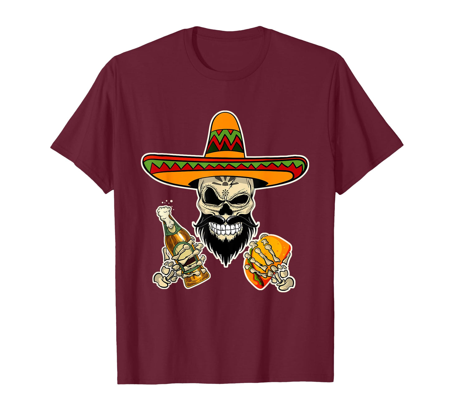 Mexican Sugar Skull with Tacos and Beer Funny T-Shirt T-Shirt