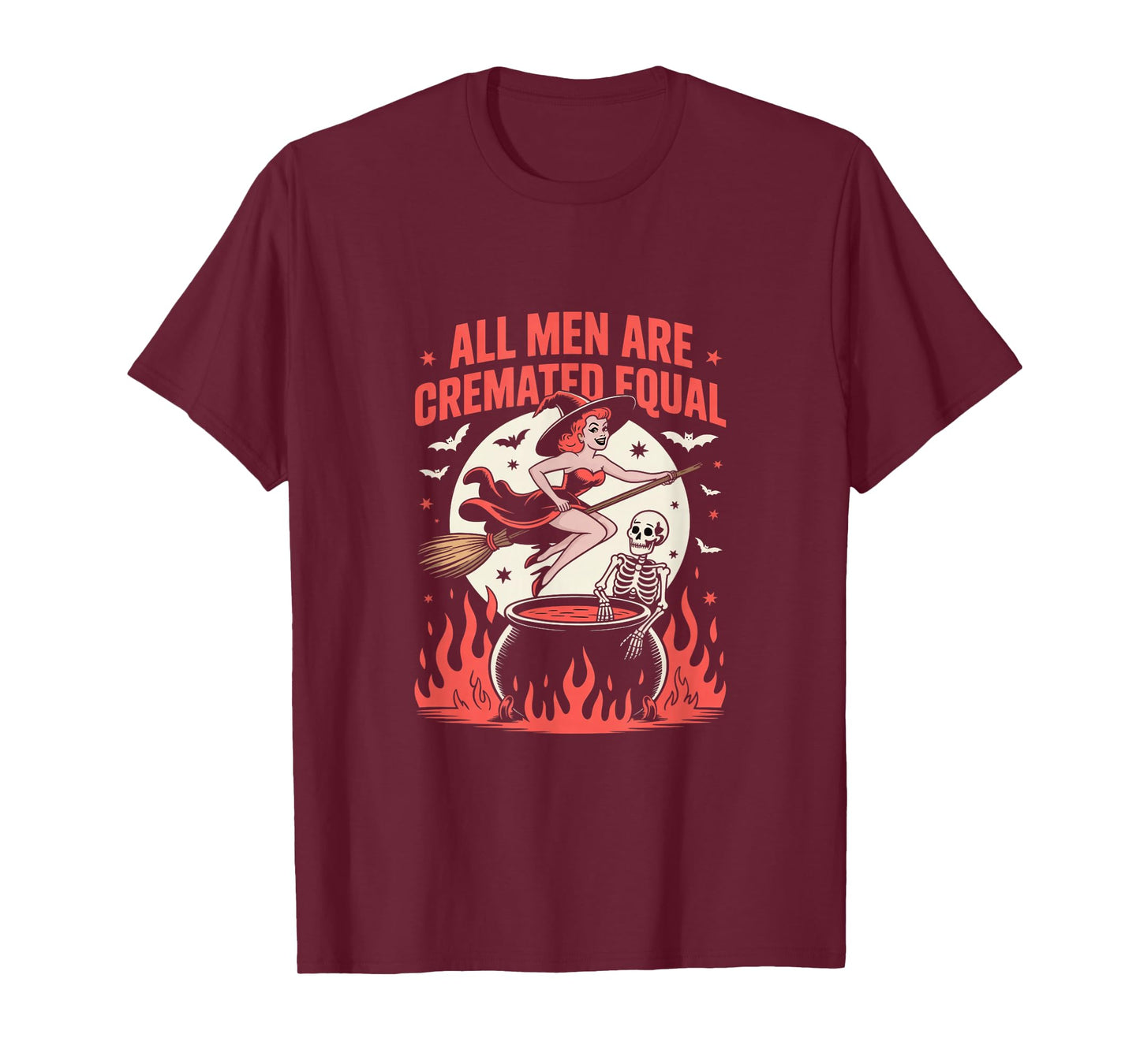 Vintage Halloween Witch Skeleton Retro Moon Bats Flames T-Shirt