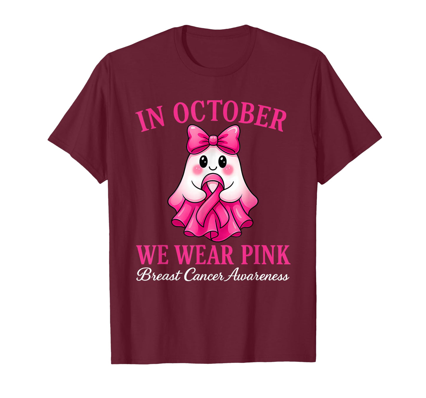Breast Cancer Pink Ribbon Halloween Ghost Coquette Bow T-Shirt