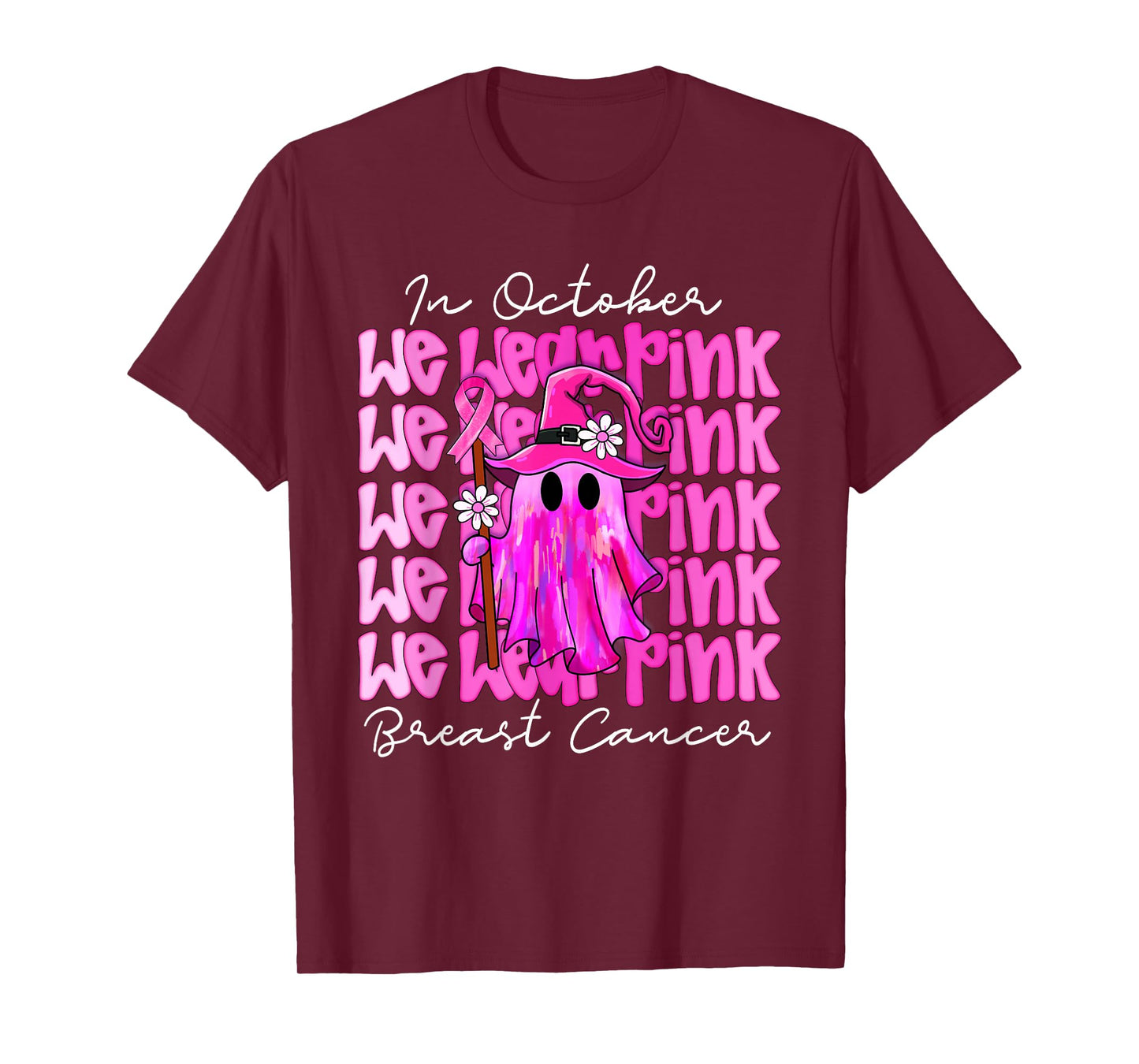in October We Wear Pink Halloween Ghost Breast Cancer T-Shirt