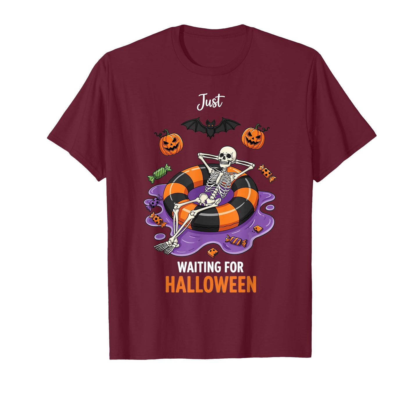 Halloween Skeleton Pool Float Candy Pumpkin Waiting T-Shirt