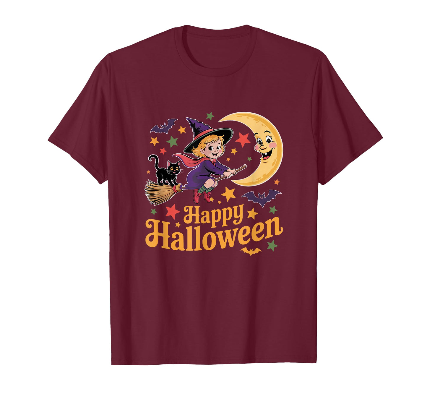 Happy Halloween Moon Cute Witch On Broomstick Cat Bats Lover T-Shirt