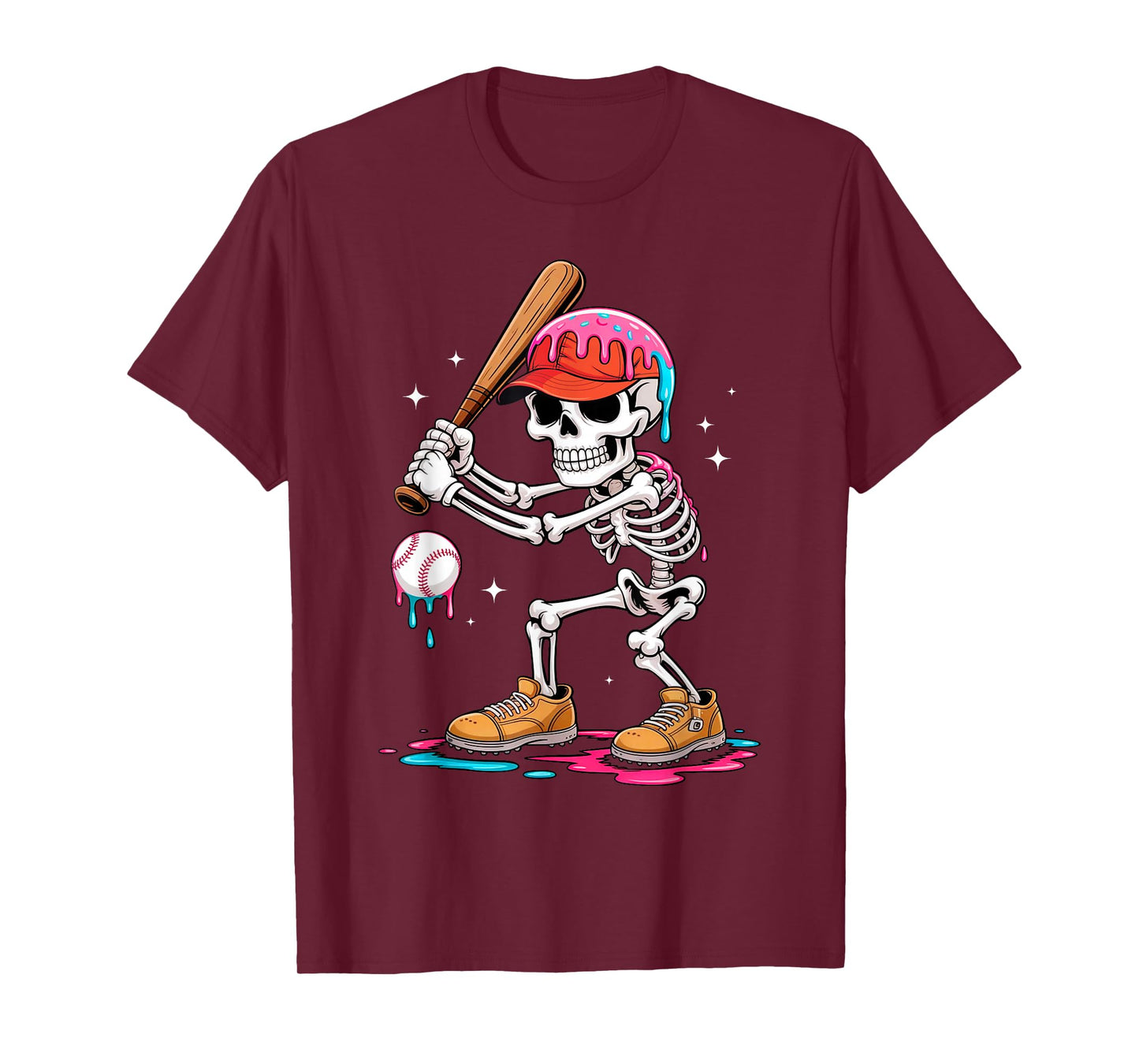 Funny Baseball Skeleton Ice Cream Drip Baseball Halloween T-Shirt