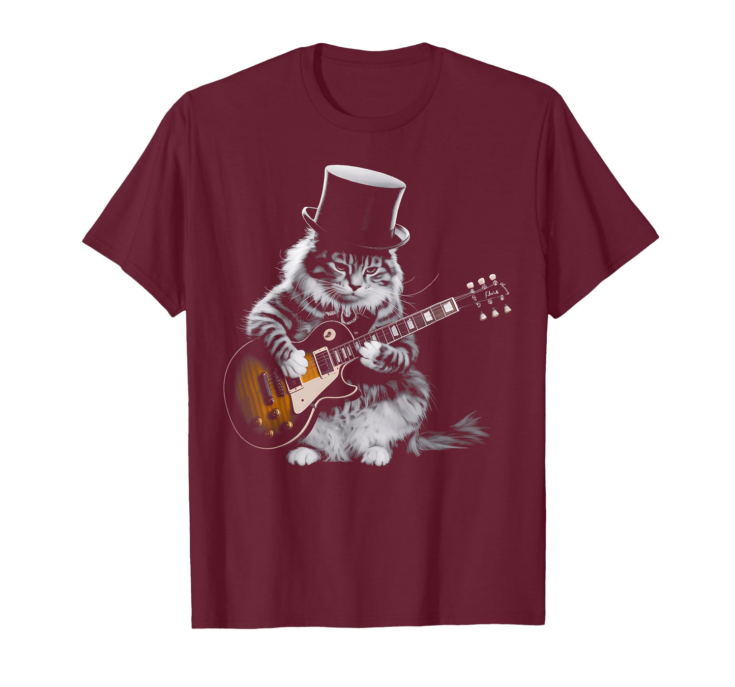 Cat Playing Guitar Funny Rock Roll Music Top Hat Design T-Shirt