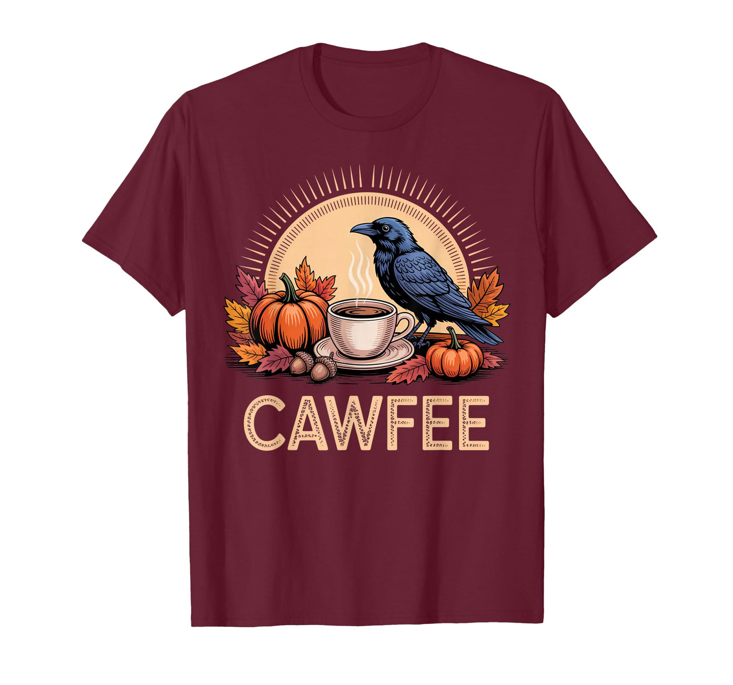Cawfee Raven Coffee Pun Vintage Thanksgiving Funny Fall Crew T-Shirt