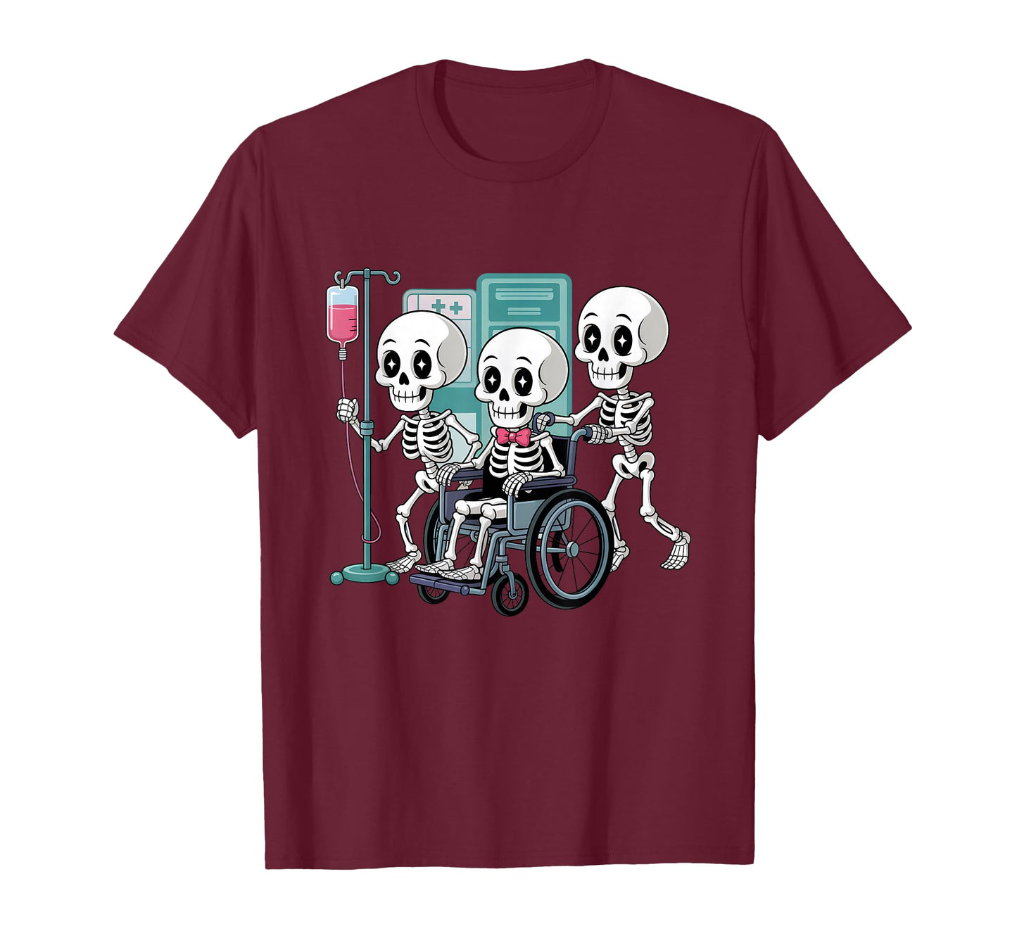 Skeletons in Hospital Wheelchair Halloween Medical Nurse T-Shirt