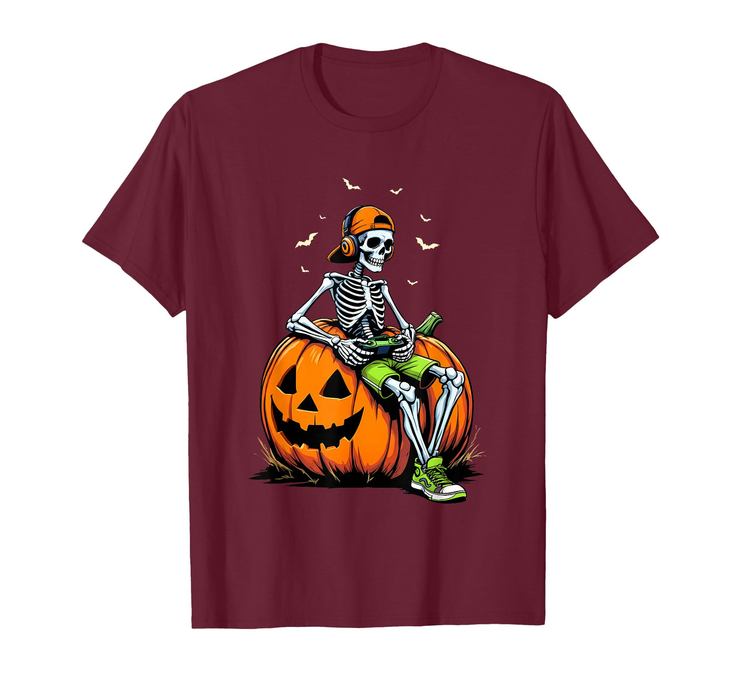 Spooky Pumpkin & Skeleton Gamer Tee | Boys & Kids Halloween T-Shirt