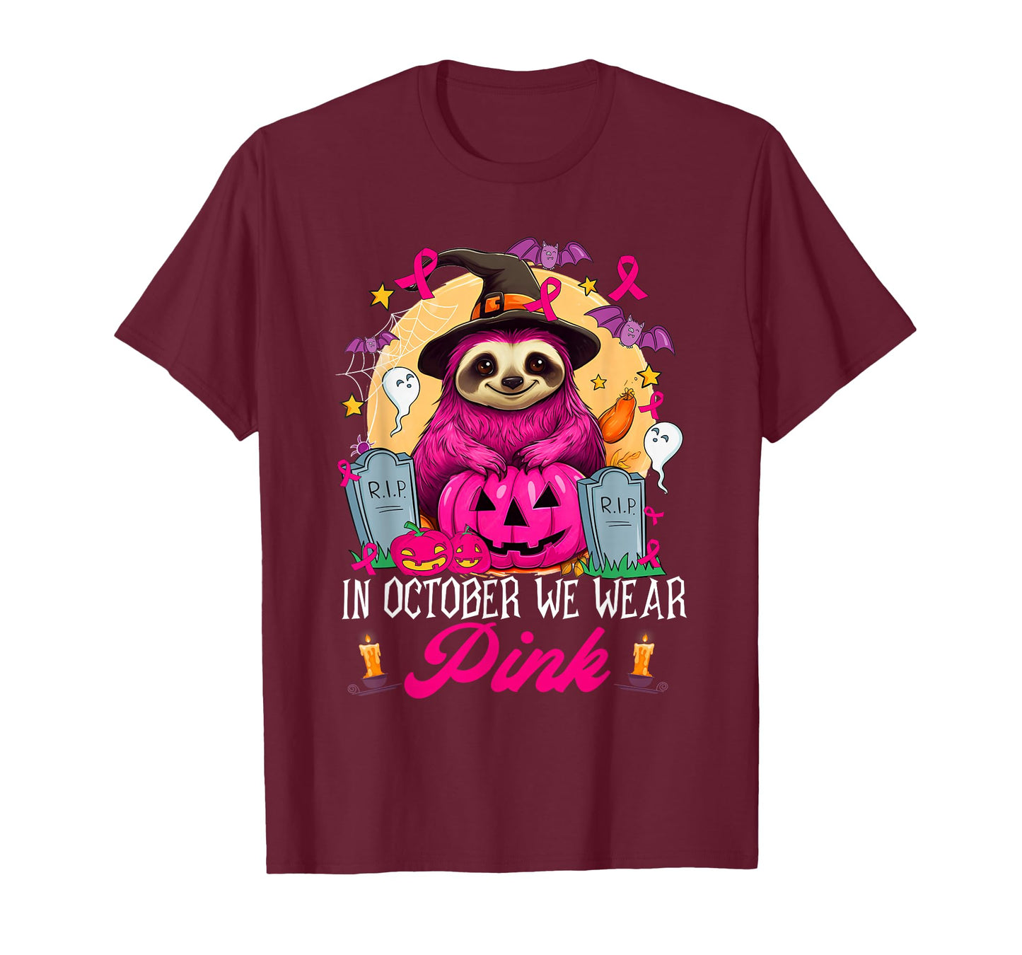 in October We Wear Pink Sloth Halloween Breast Cancer T-Shirt