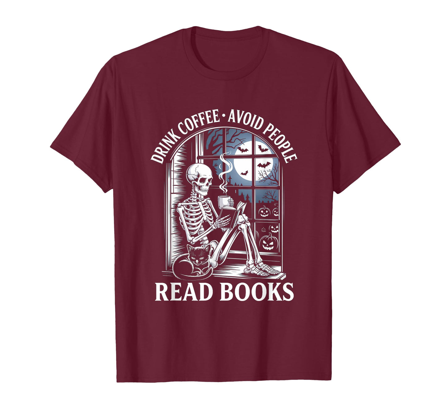 Drink Coffee Avoid People Read Books Skeleton Cat Halloween T-Shirt
