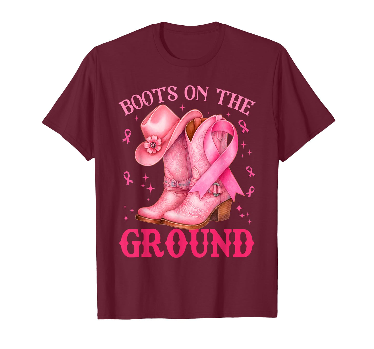 Boots On The Ground Pink Cowgirl Breast Cancer Women Girls T-Shirt