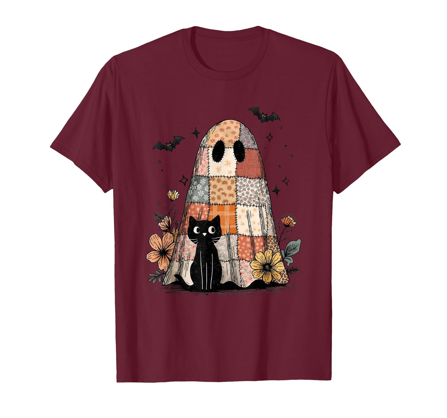 Preppy Retro Floral Patchwork Ghost and Black Cat Halloween T-Shirt