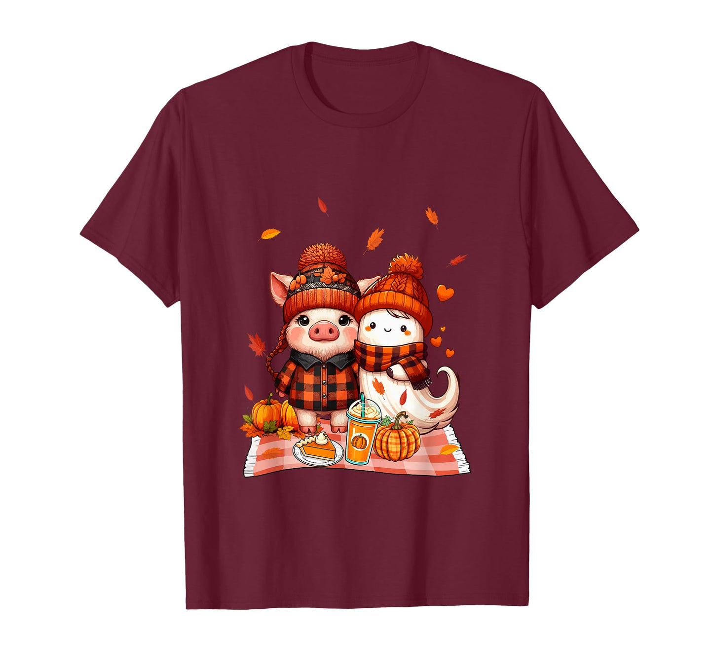 Pig with Boo Halloween Thanksgiving Fall Leaves Pumpkins T-Shirt