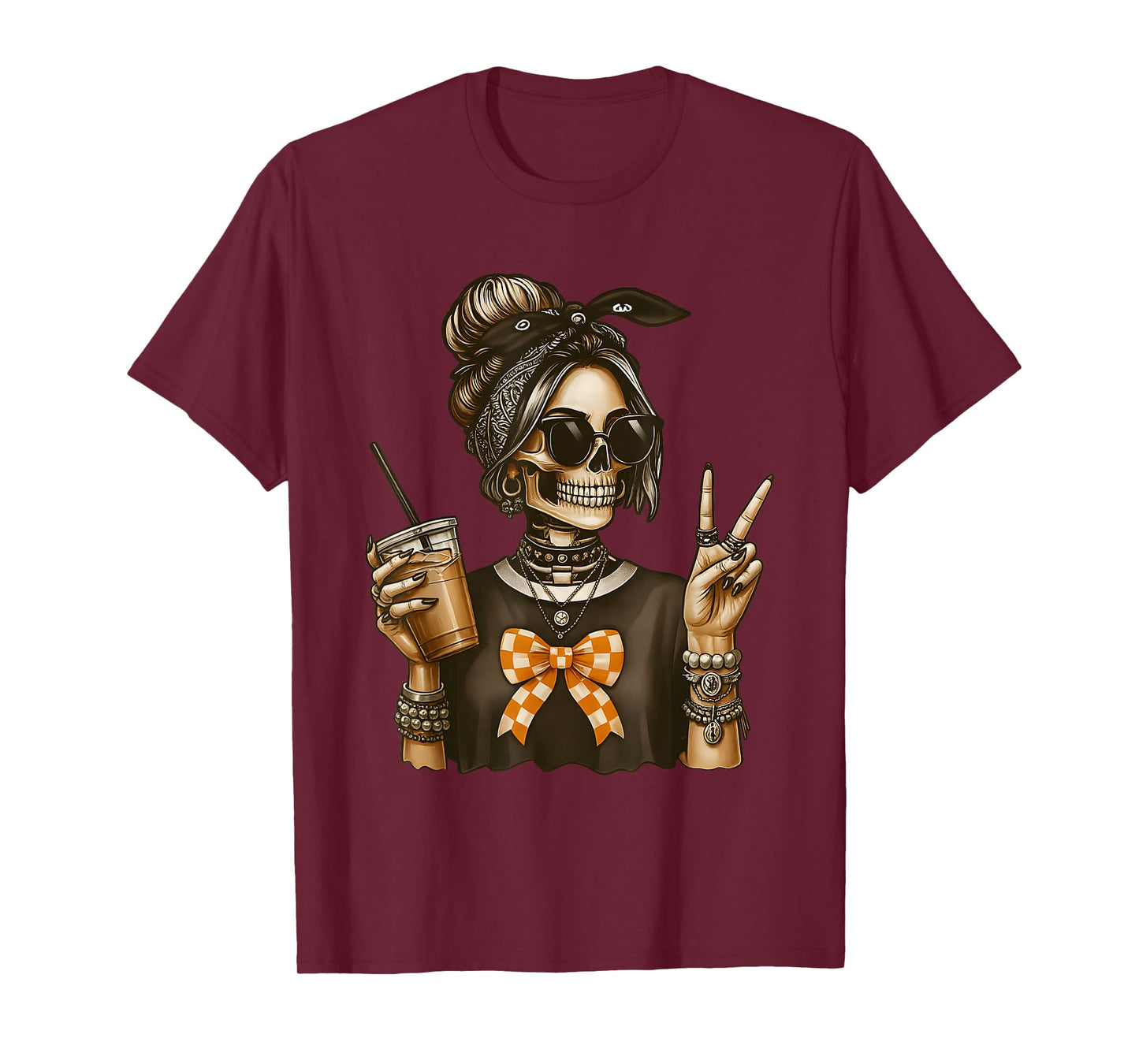 Skeleton Girl Rock Style with Drink and Peace Sign Halloween T-Shirt