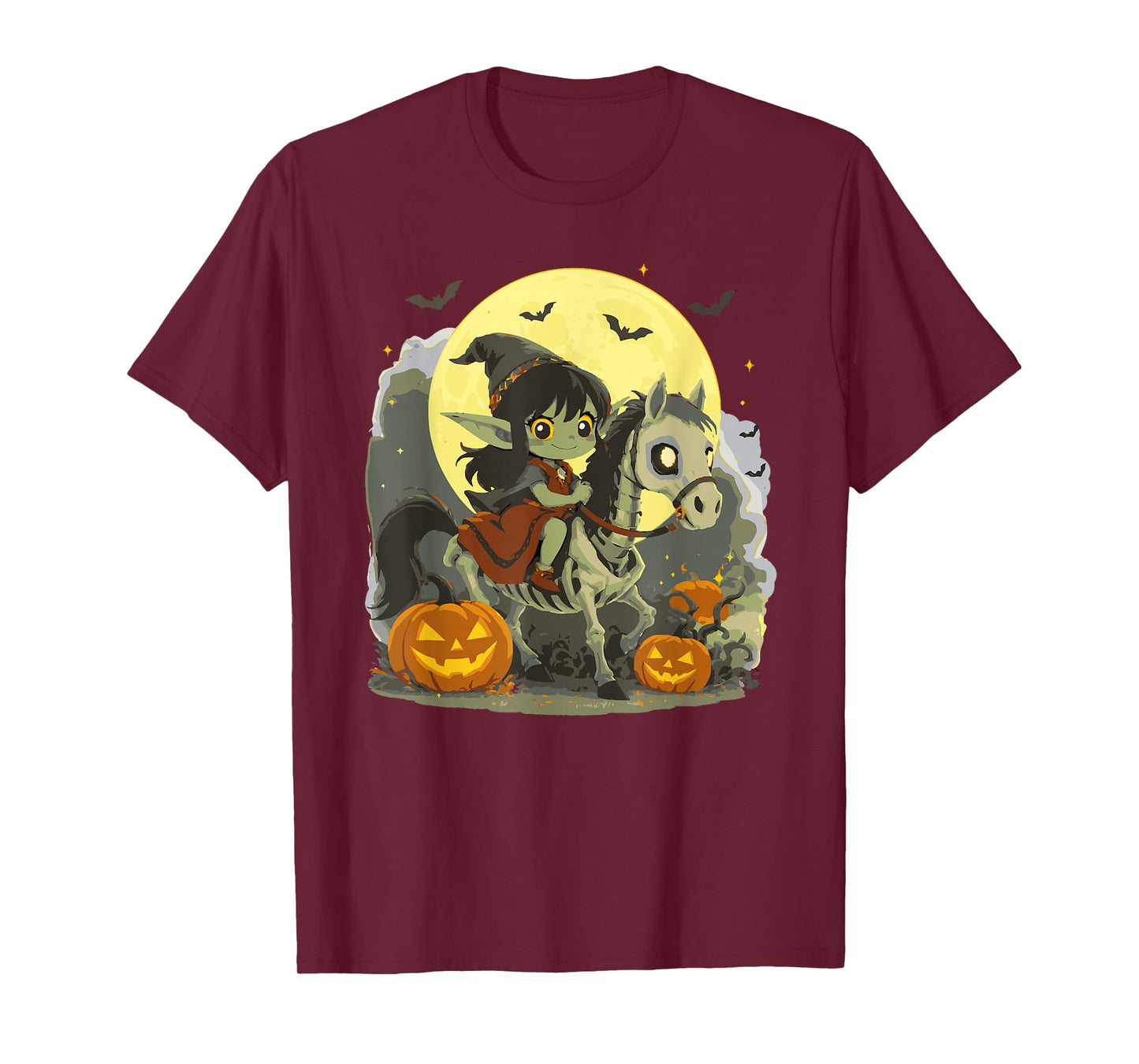 Halloween Girl Dark Elf Goblin Troll Riding Horse Skeleton T-Shirt
