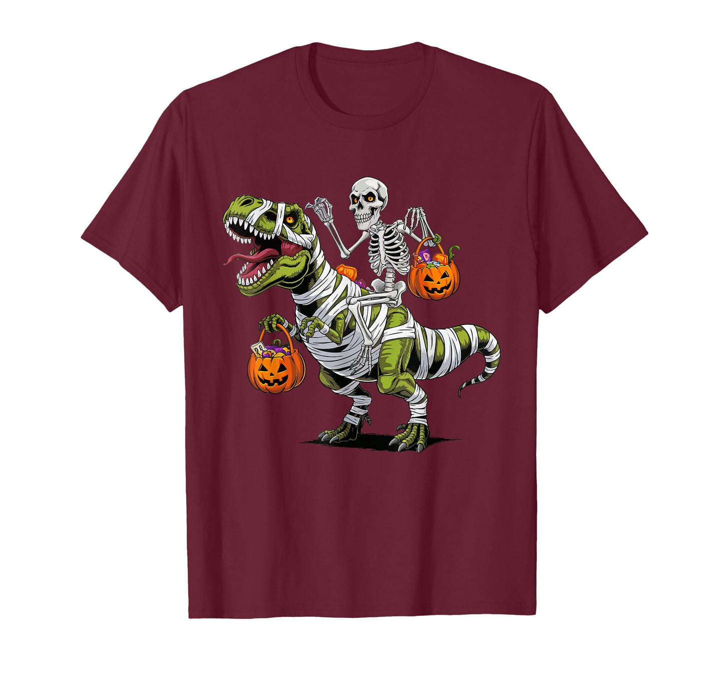 Skeleton Riding Mummy Dinosaur T rex Halloween Funny Pumpkin T-Shirt