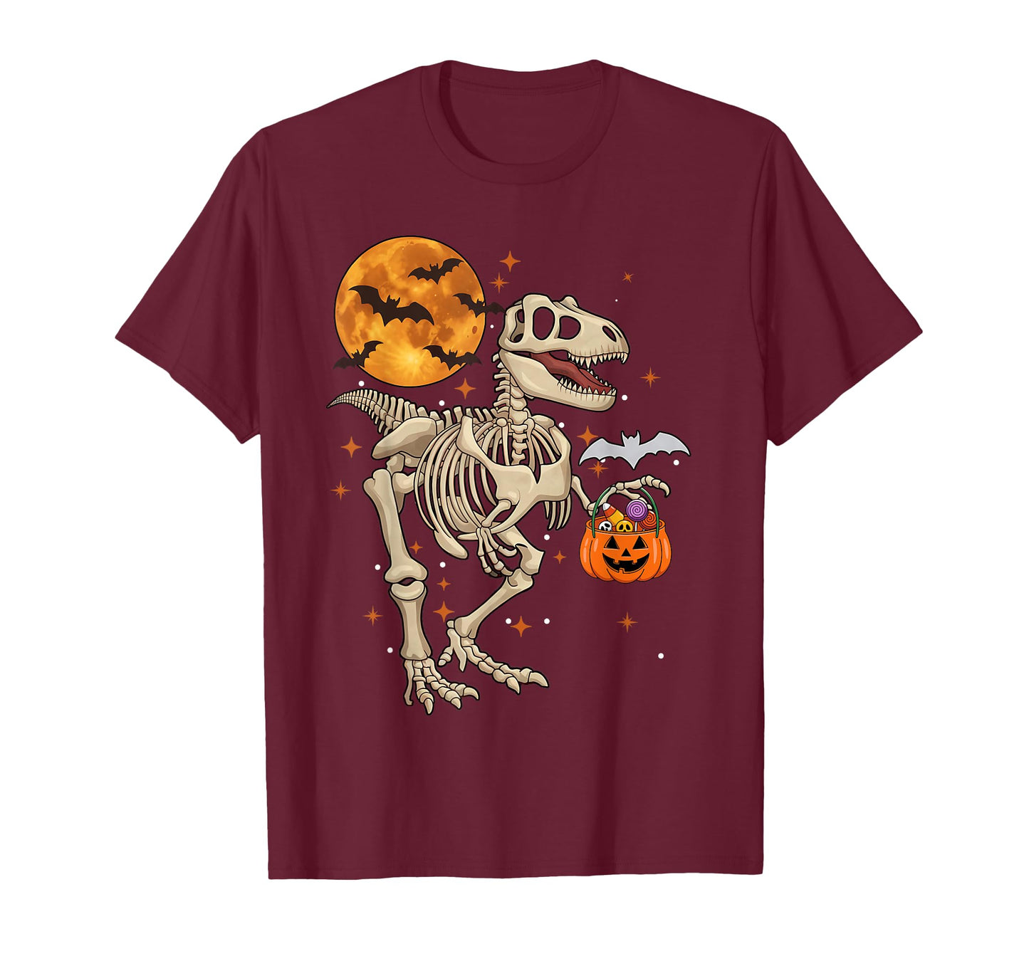 Dinosaur Skeleton T rex Scary Pumpkin Moon Boys Halloween T-Shirt