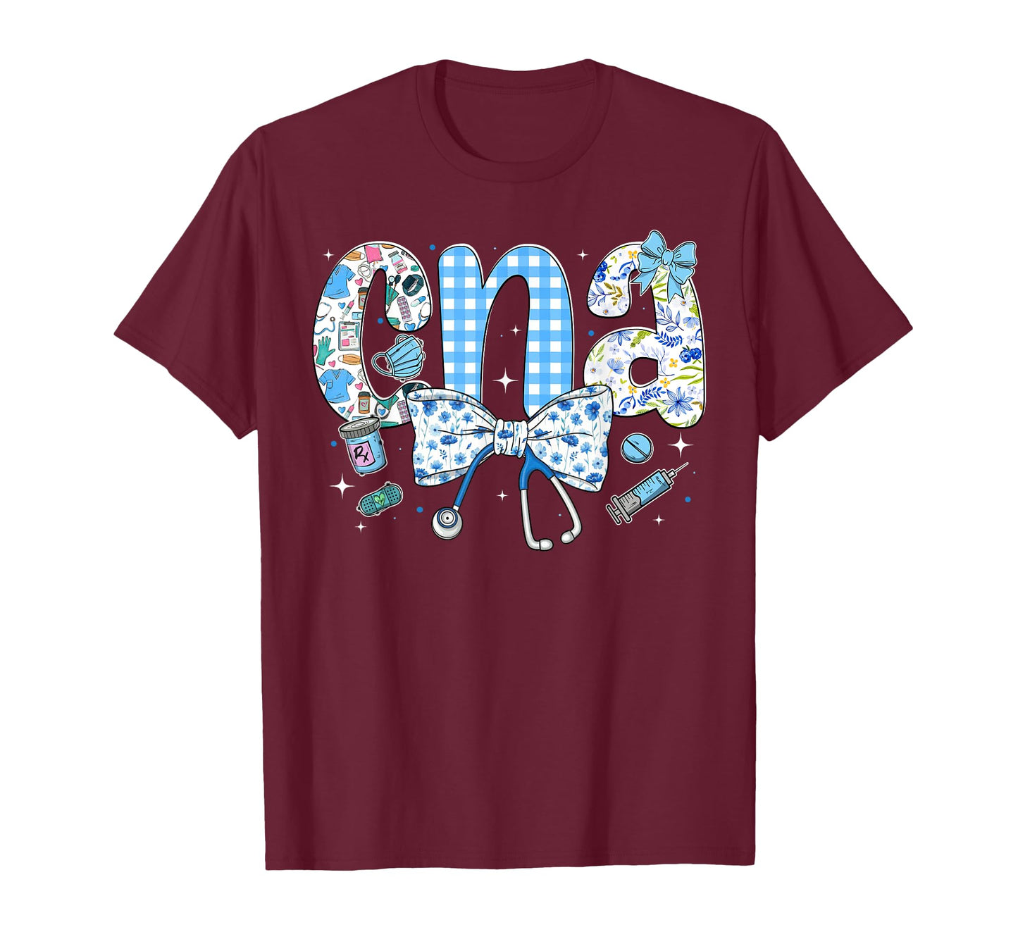 CNA Nurse Blue Floral Stethoscope Coquette Bow Cute Nurse T-Shirt