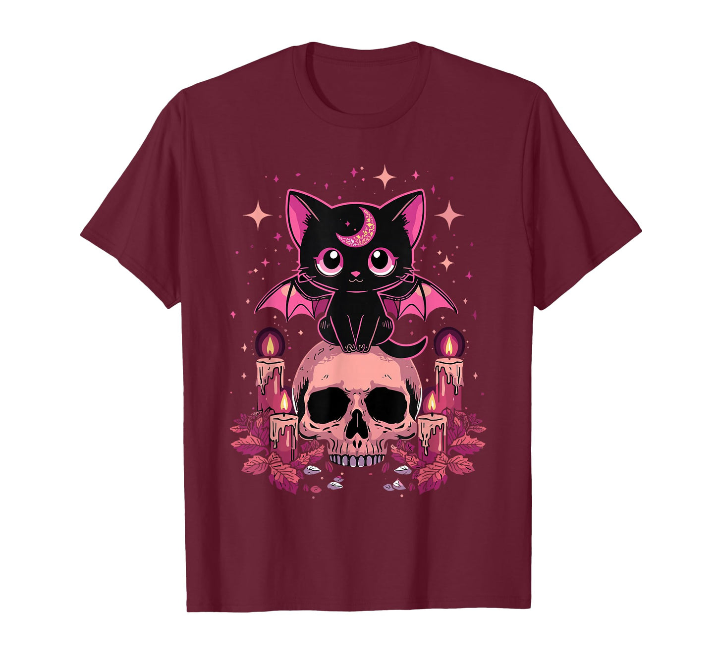 Cute Pink Bat Cat Sitting On Skull Skeleton Candles Design T-Shirt