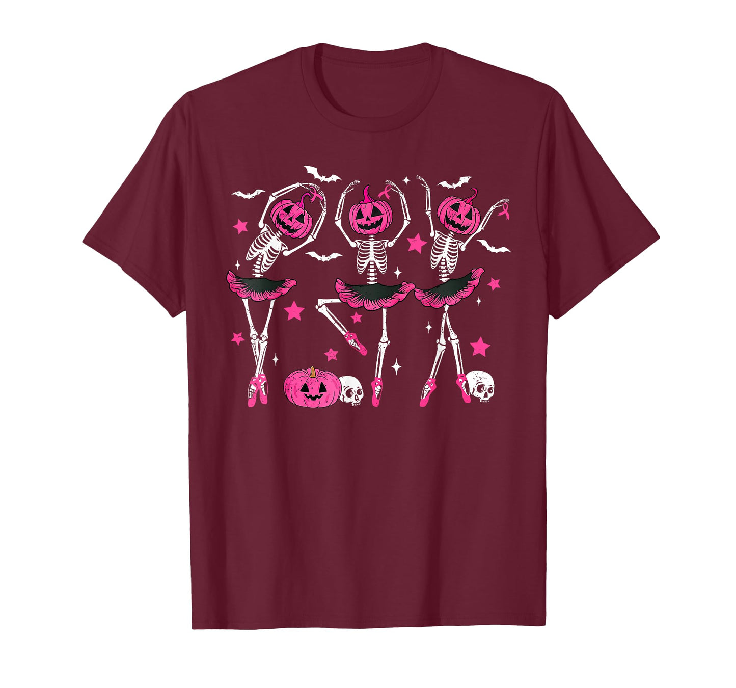 Pink Ribbon Pumpkin Skeleton Dancing Breast Cancer Awareness T-Shirt
