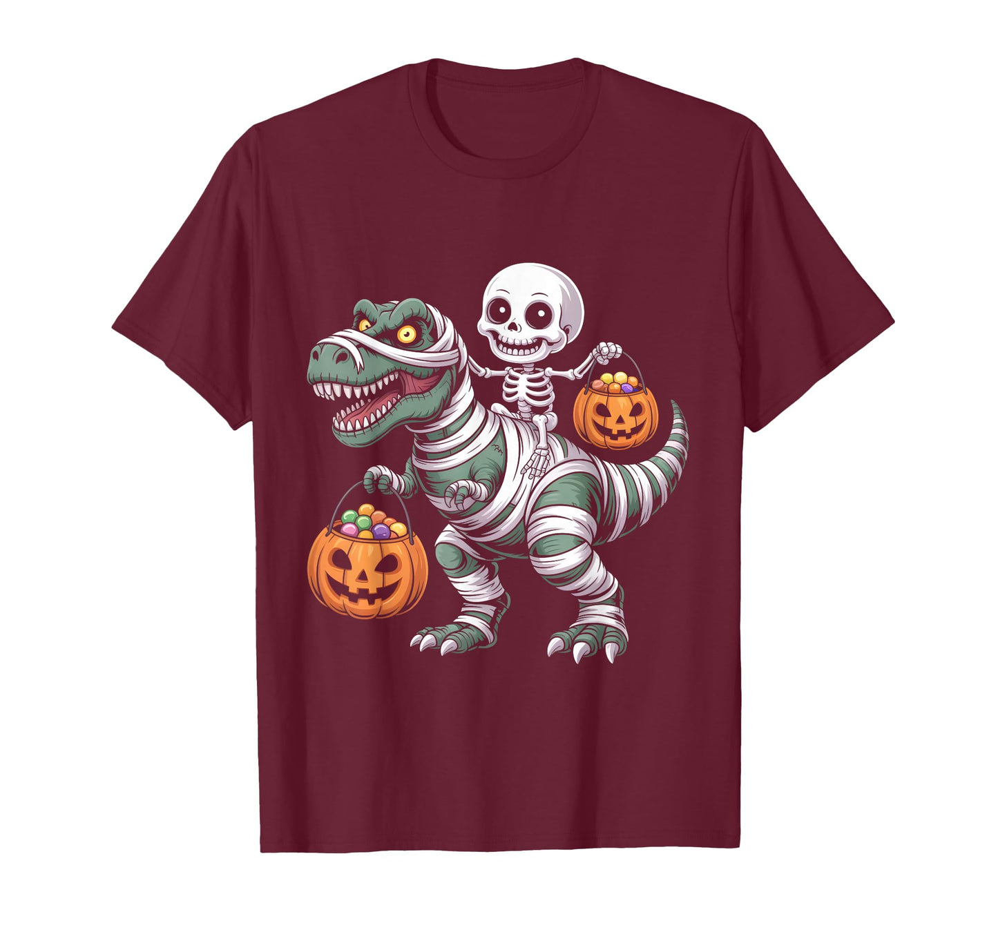 Skeleton Riding Mummy Dinosaur T rex Halloween Funny Pumpkin T-Shirt