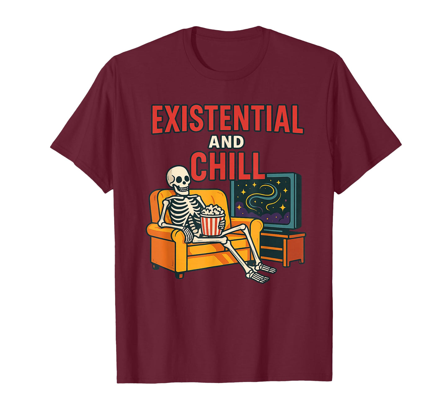 Existential and Chill Skeleton Couch Popcorn Cosmic TV T-Shirt