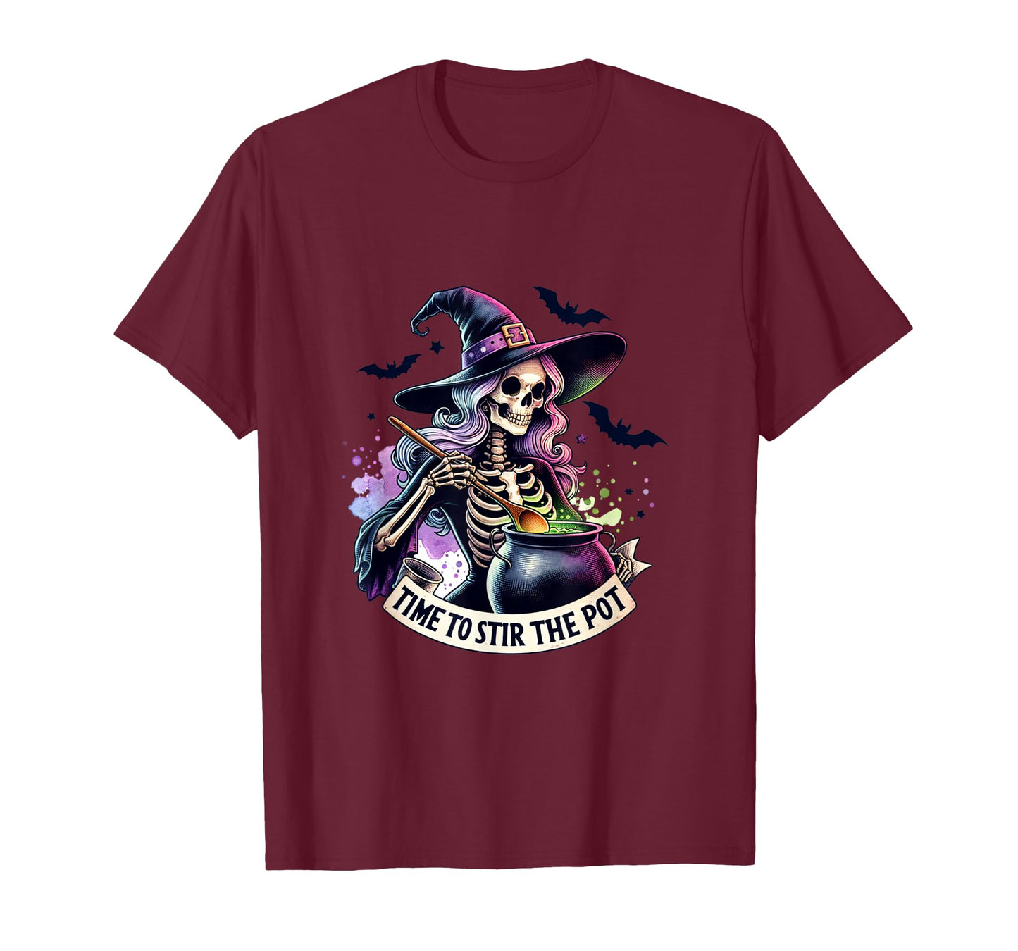 Time to Stir The Pot Skeleton Woman Witch Halloween Pin-Up T-Shirt