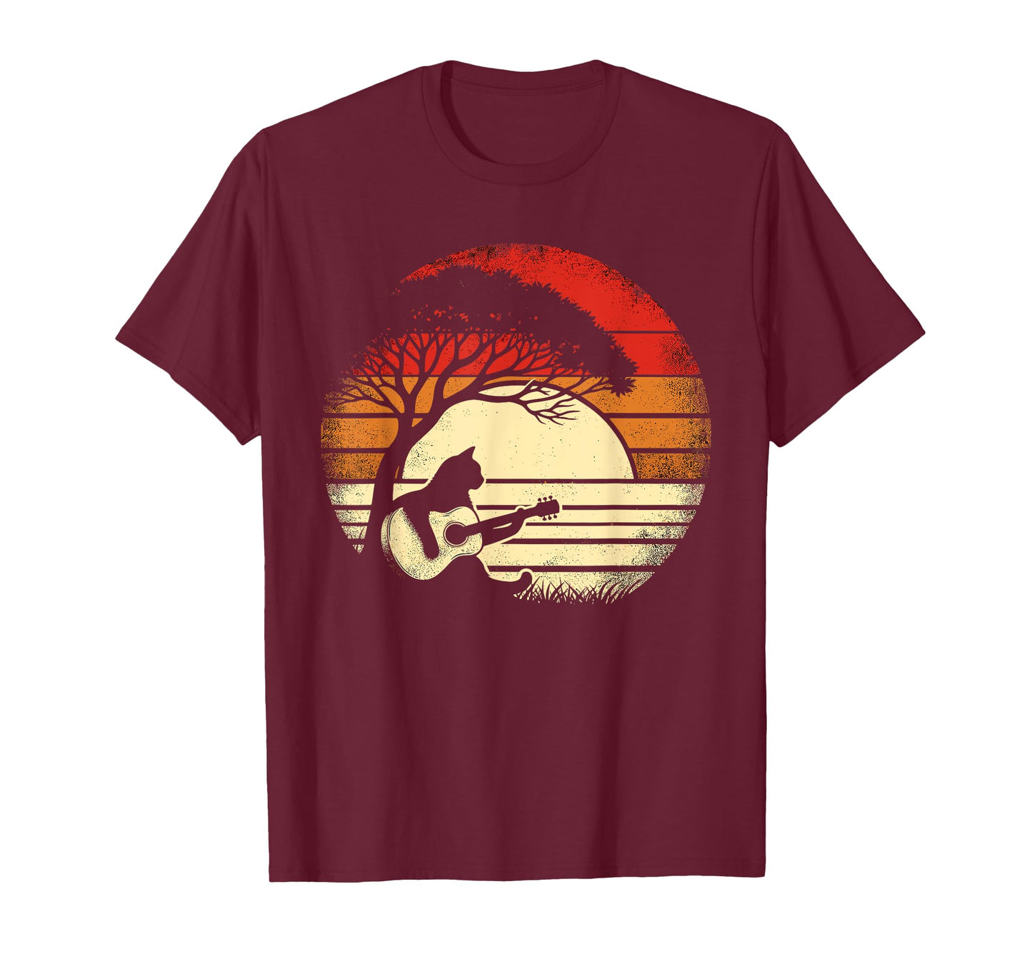 Vintage Distressed Cat Playing Acoustic Guitar Under Tree T-Shirt for Men Women Kids