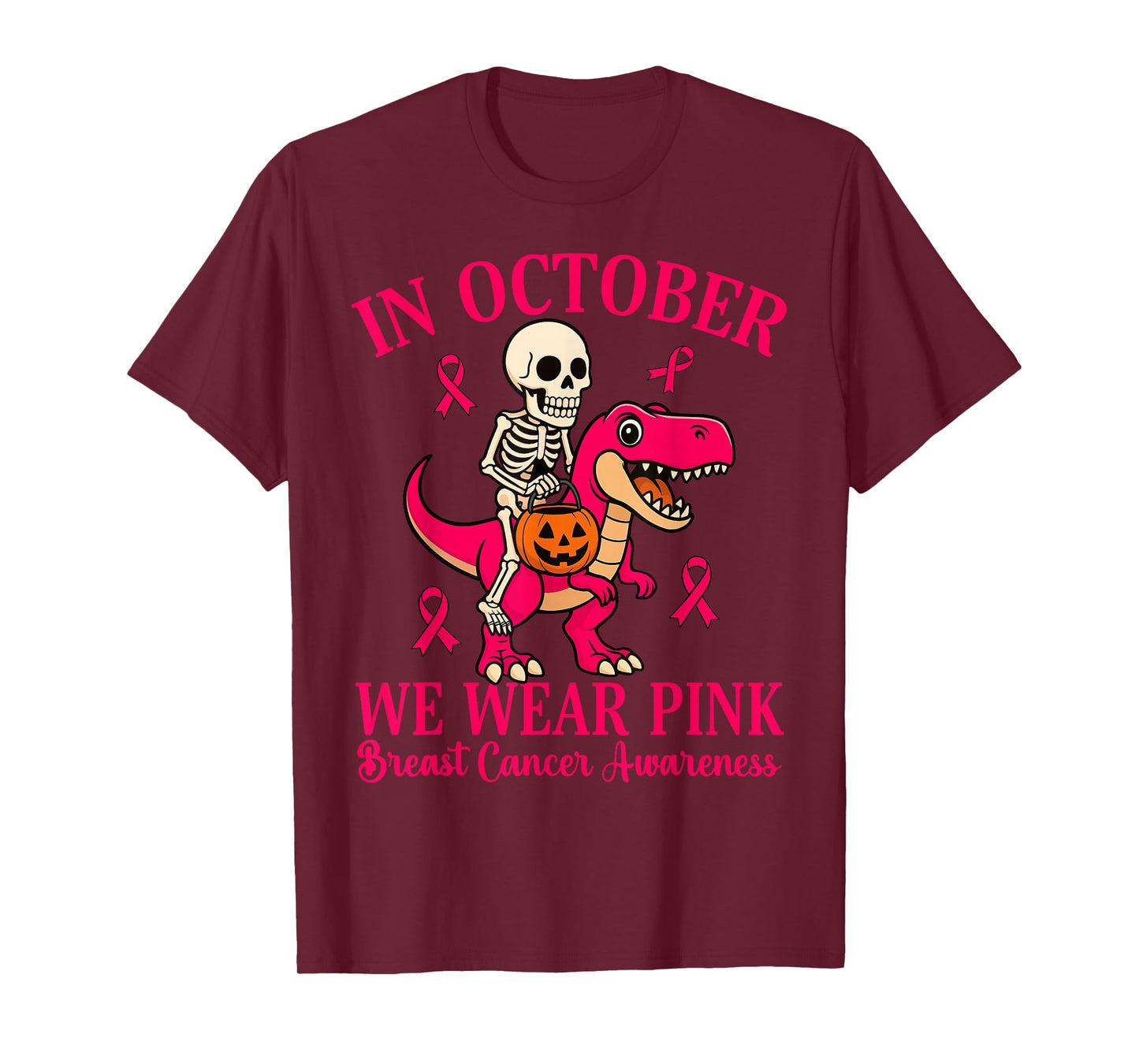 Skeleton Riding Dinosaur T rex Halloween Breast Cancer T-Shirt