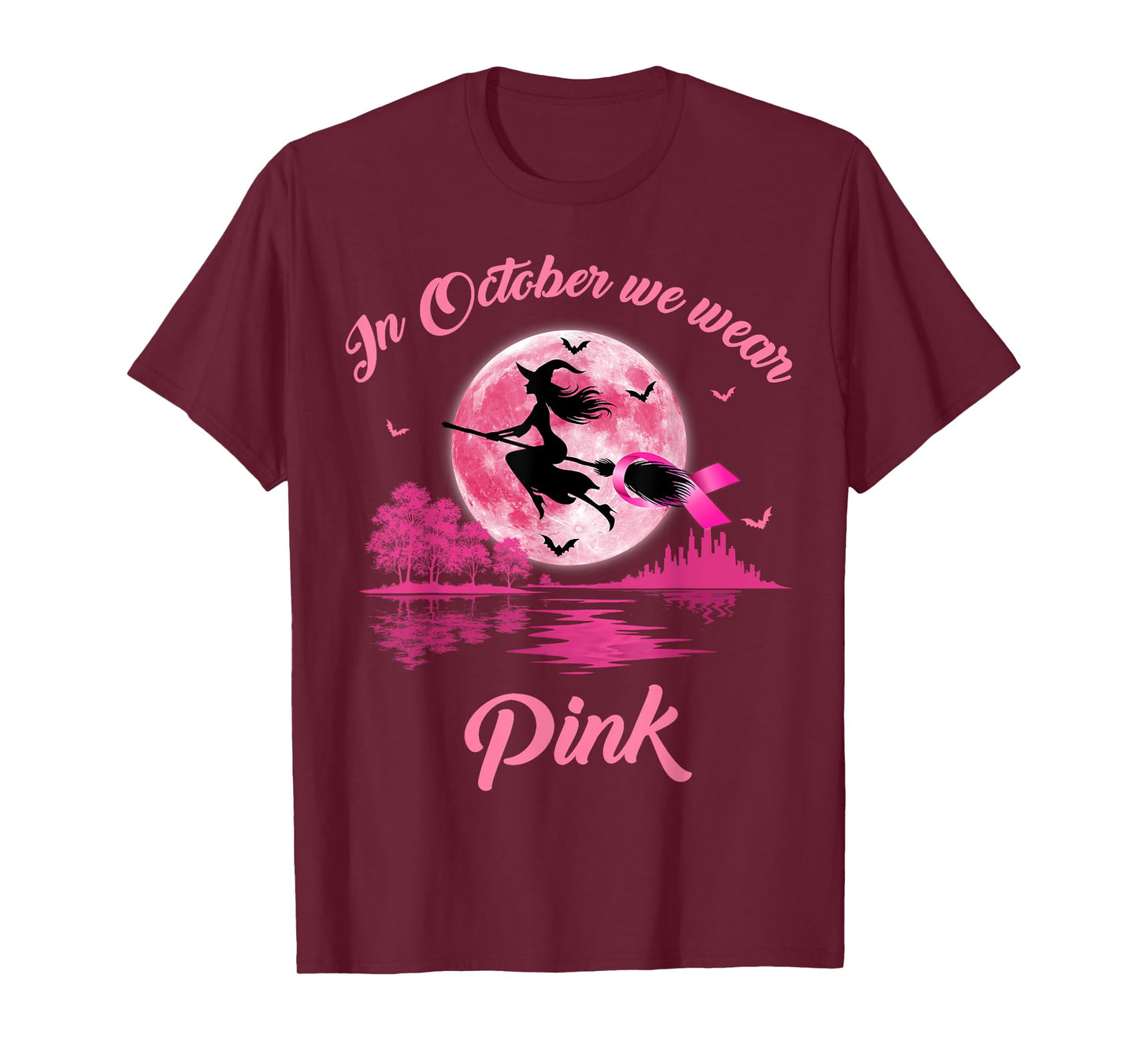 Witch Flying in October We Wear Pink Breast Cancer Awareness T-Shirt