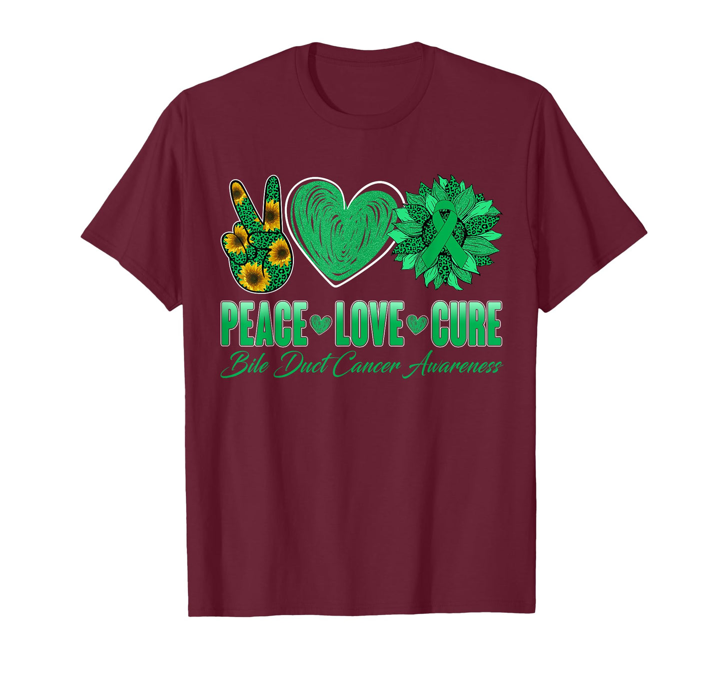 Peace Love Cure Sunflower Bile Duct Cancer Awareness Warrior T-Shirt