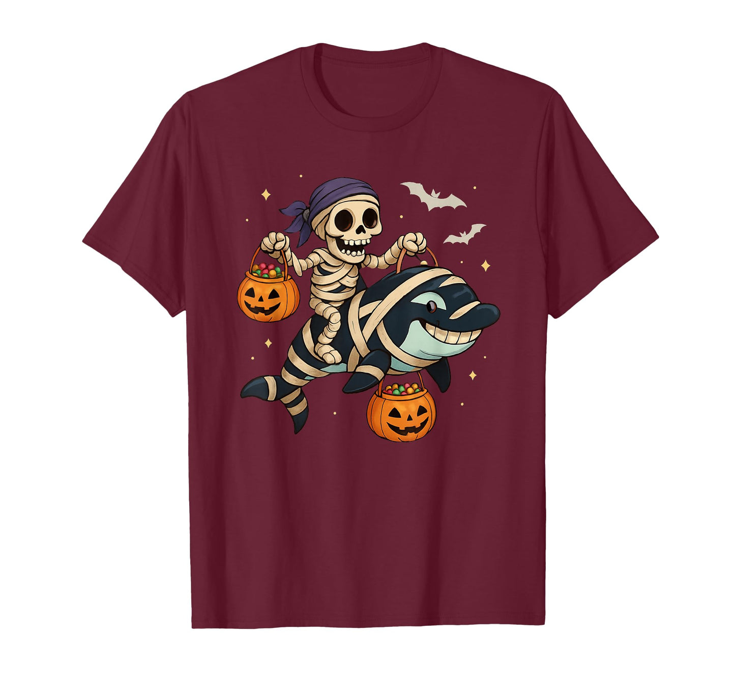 Skeleton Riding Mummy Orca Halloween Candy Whale T-Shirt