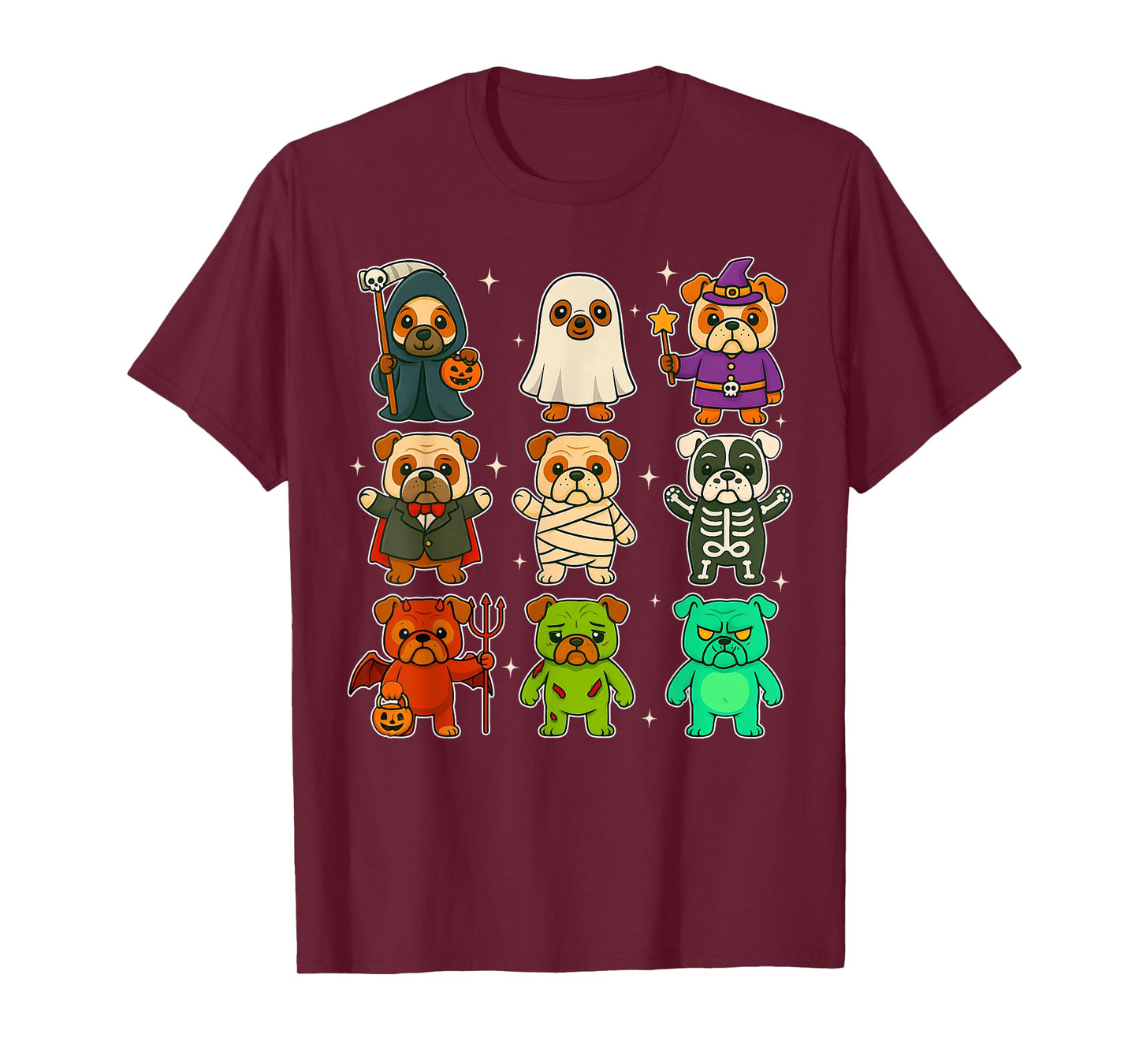 Cute Bulldog Dogs Witch Pumpkin Skeleton Costume Halloween T-Shirt
