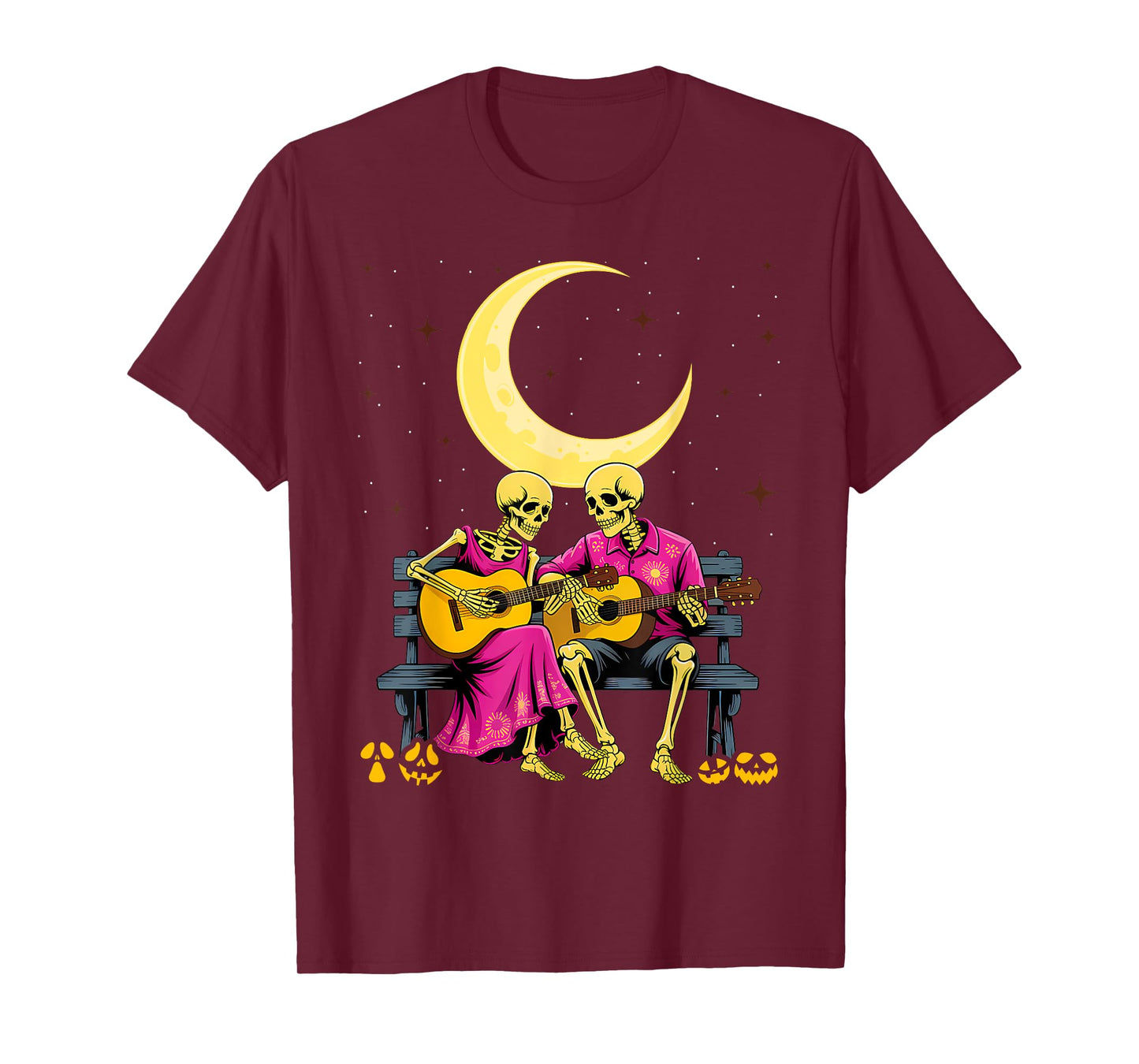 Skeleton Couple Playing Guitar on Moon Swing Halloween T-Shirt