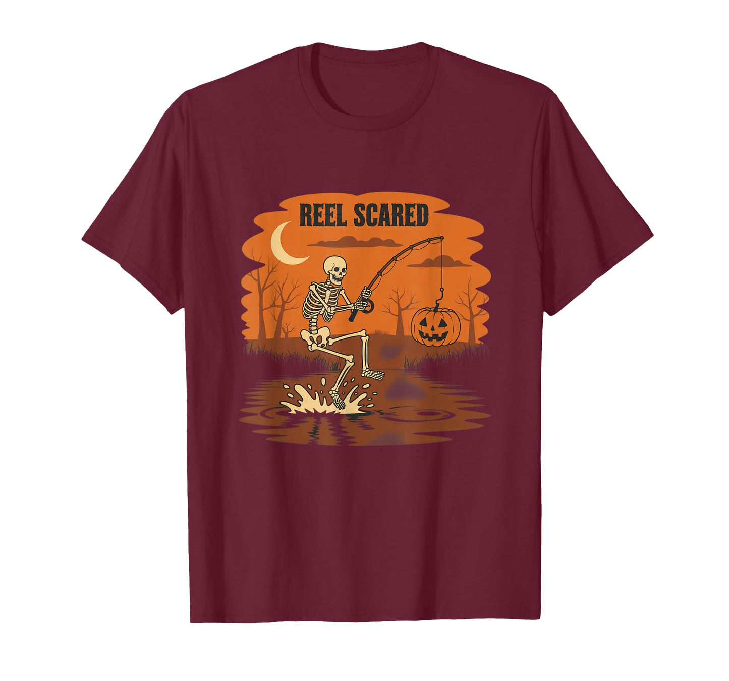 Reel Scared Halloween Fishing Skeleton Pumpkin Scene T-Shirt