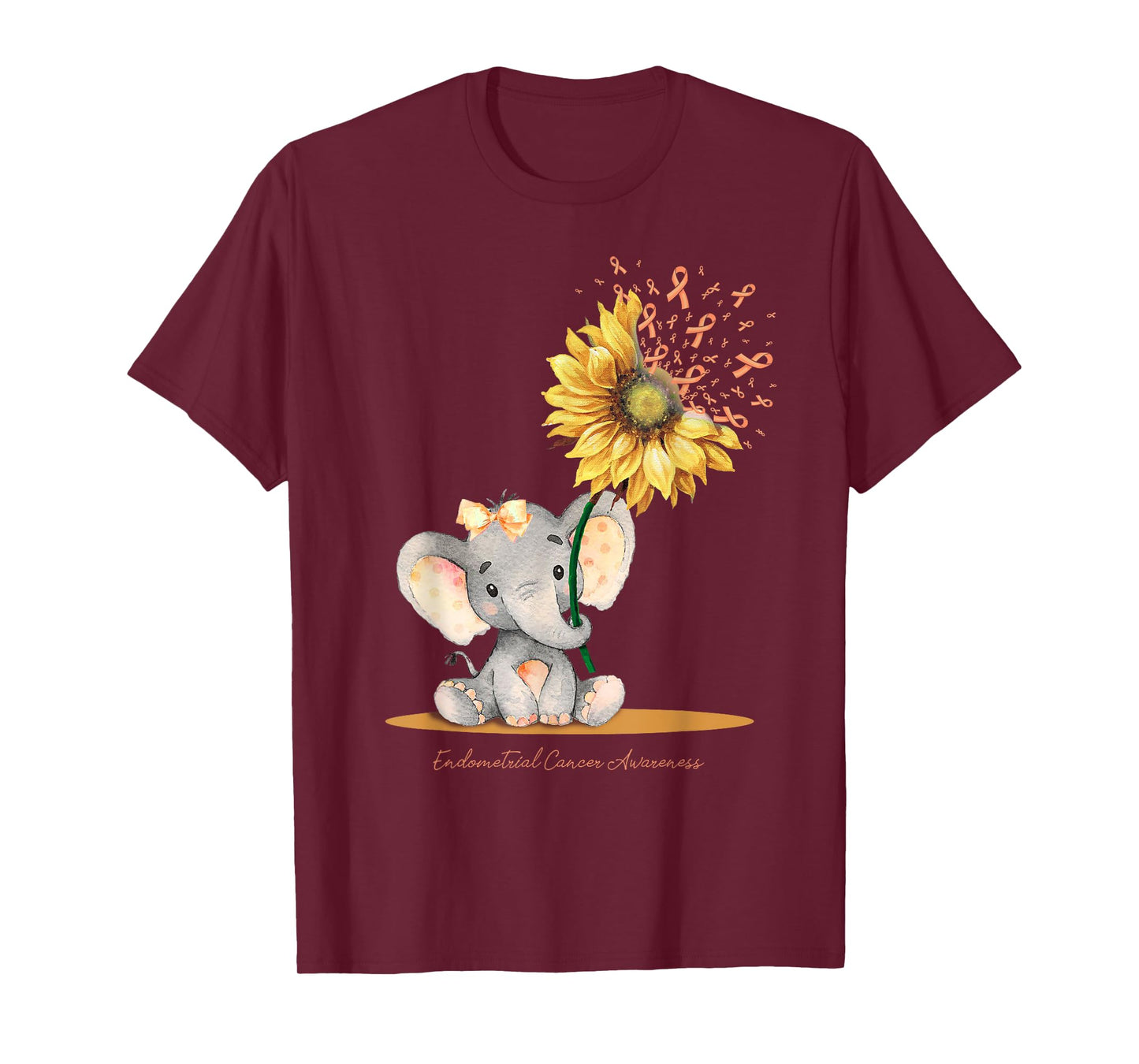 ENDOMETRIAL CANCER AWARENESS Cute Elephant Sunflower Peach T-Shirt