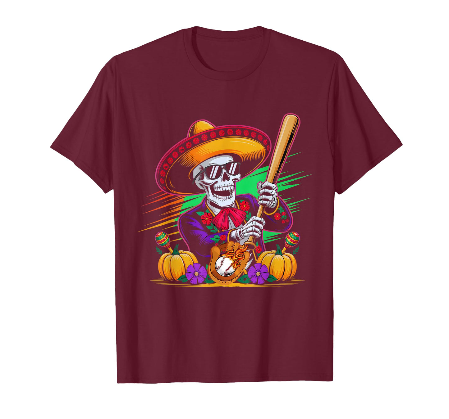 Mariachi Holloween Skeleton Baseball Holloween Fiesta Funny T-Shirt