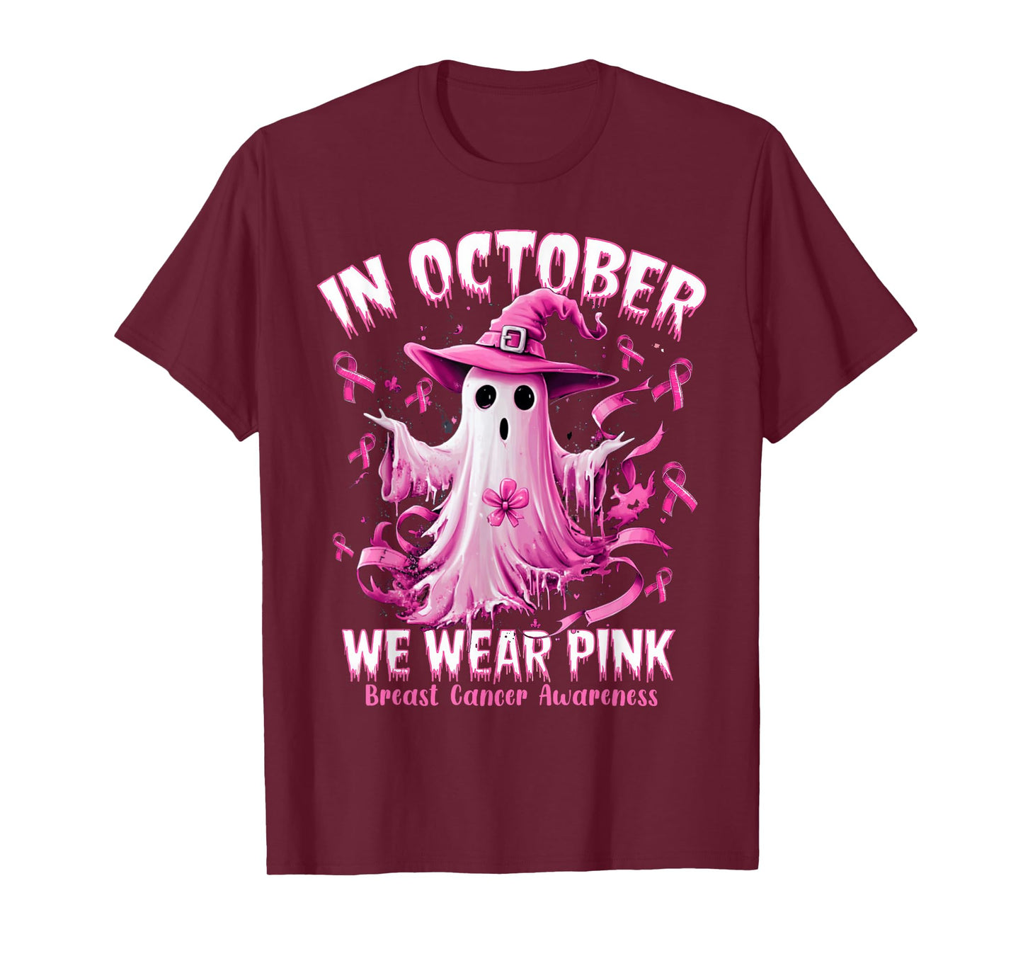 In October We Wear Pink Ghost Witch Breast Cancer Awareness T-Shirt