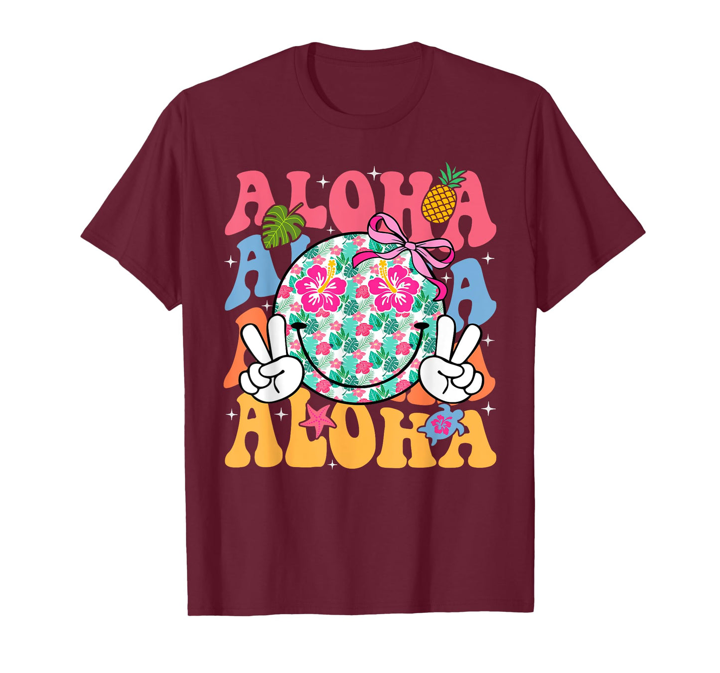Aloha Hawaiian Cute Smile Face Shaka Hibiscus Kids Girls T-Shirt